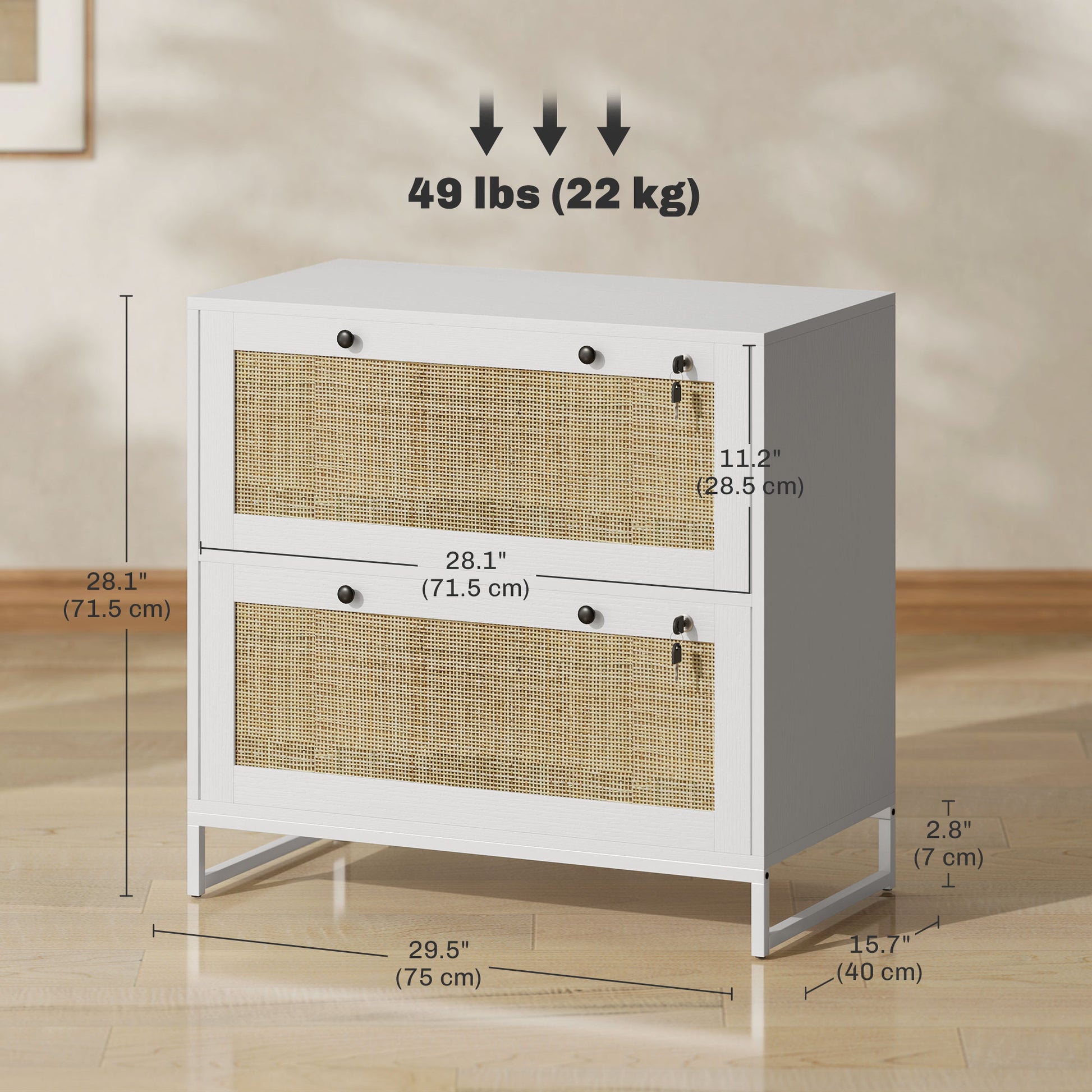 2-Drawer Rattan Filing Cabinet, White with Lock, Adjustable Bar-DECOROLALA