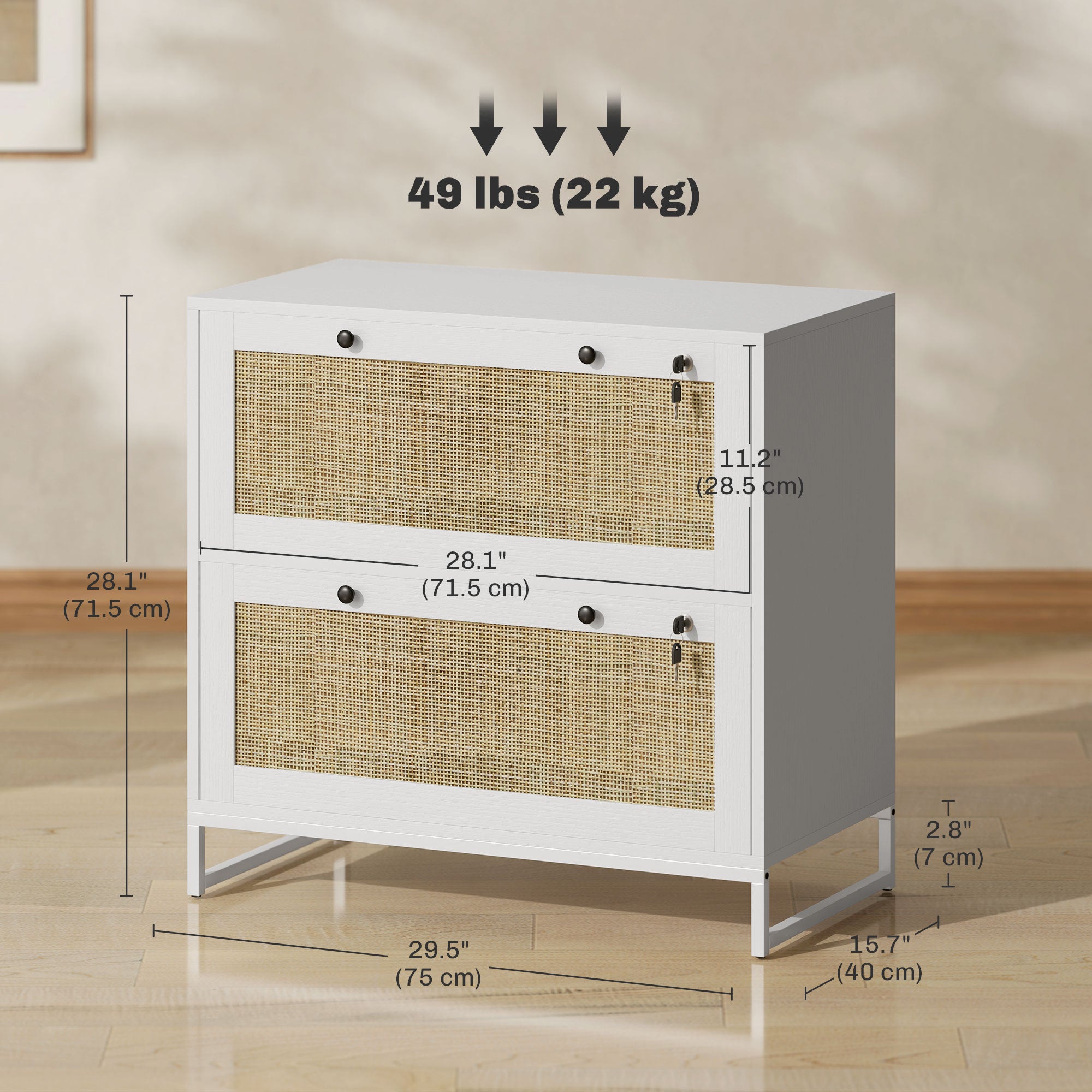 2-Drawer Rattan Filing Cabinet, White with Lock, Adjustable Bar-DECOROLALA