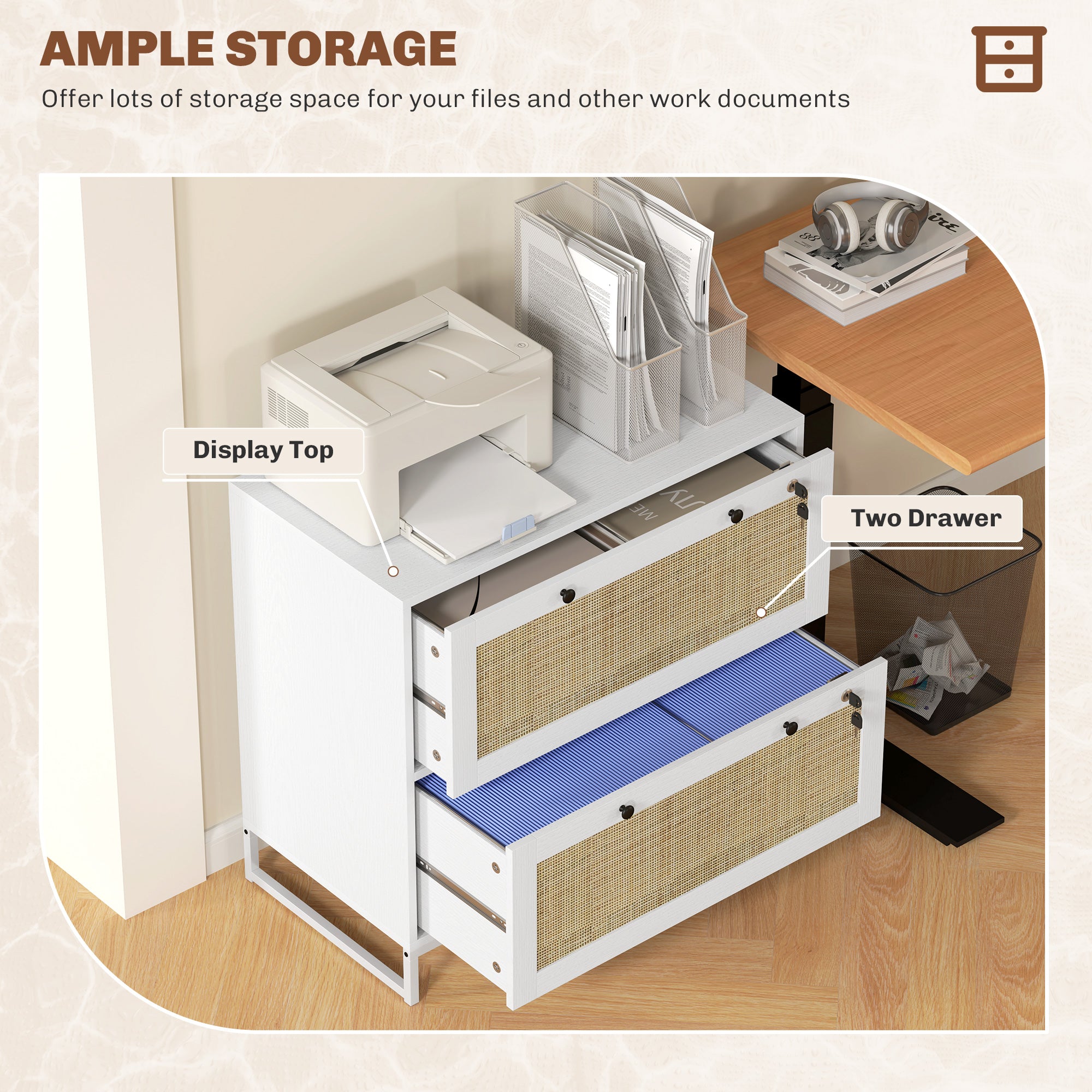 2-Drawer Rattan Filing Cabinet, White with Lock, Adjustable Bar-DECOROLALA