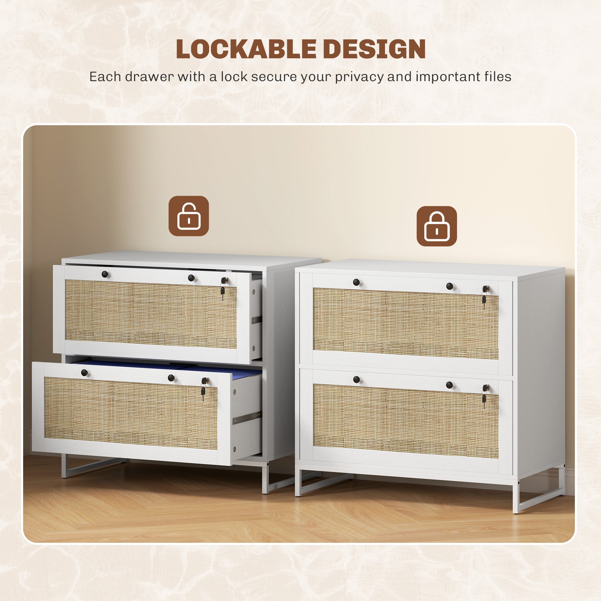 2-Drawer Rattan Filing Cabinet, White with Lock, Adjustable Bar-DECOROLALA