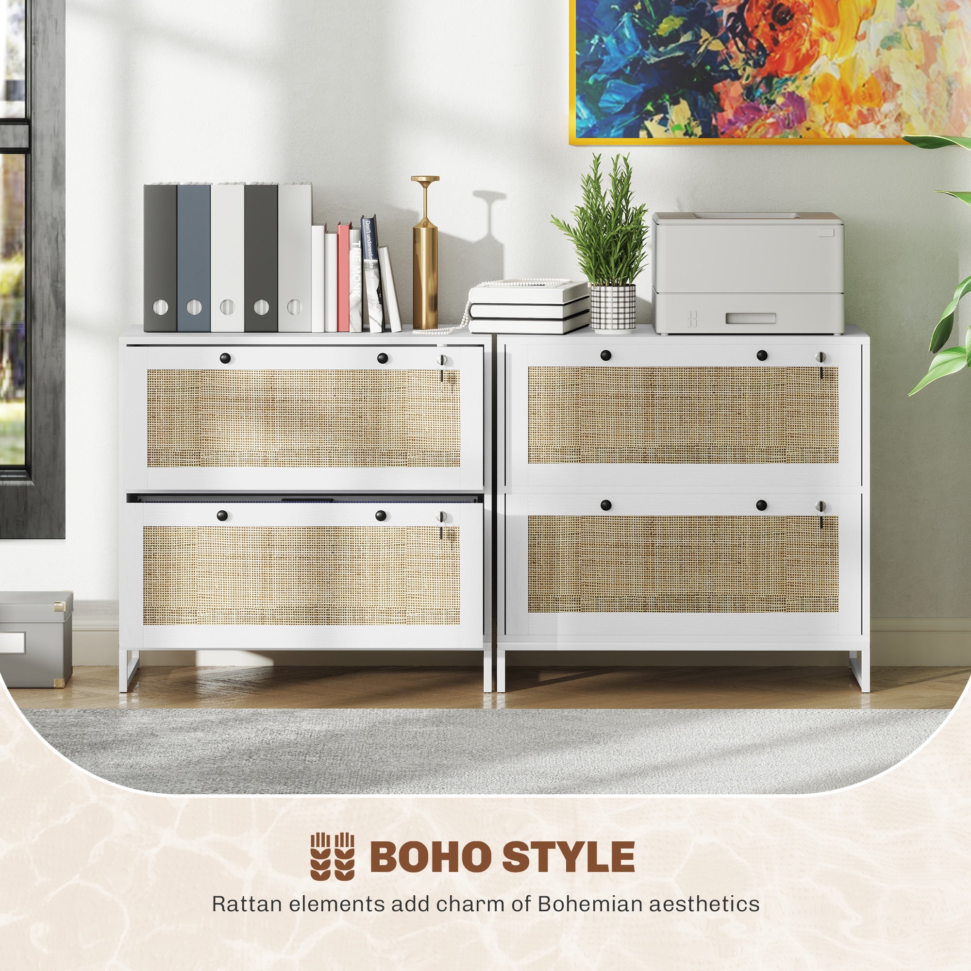 2-Drawer Rattan Filing Cabinet, White with Lock, Adjustable Bar-DECOROLALA