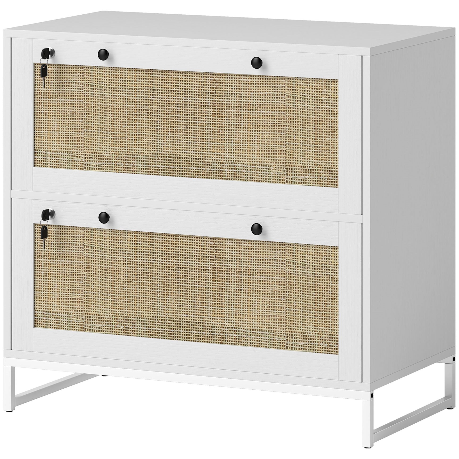 2-Drawer Rattan Filing Cabinet, White with Lock, Adjustable Bar-DECOROLALA