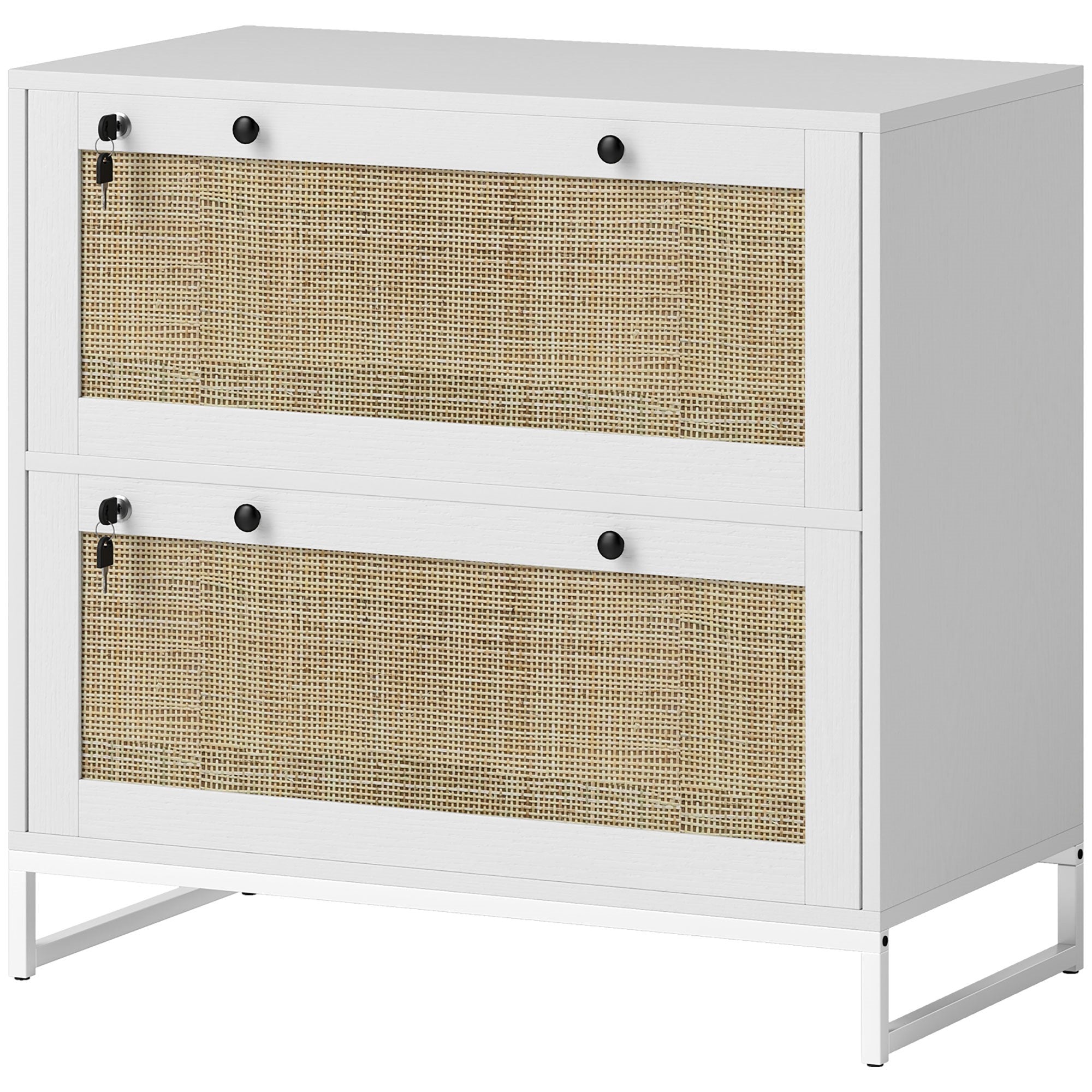 2-Drawer Rattan Filing Cabinet, White with Lock, Adjustable Bar-DECOROLALA