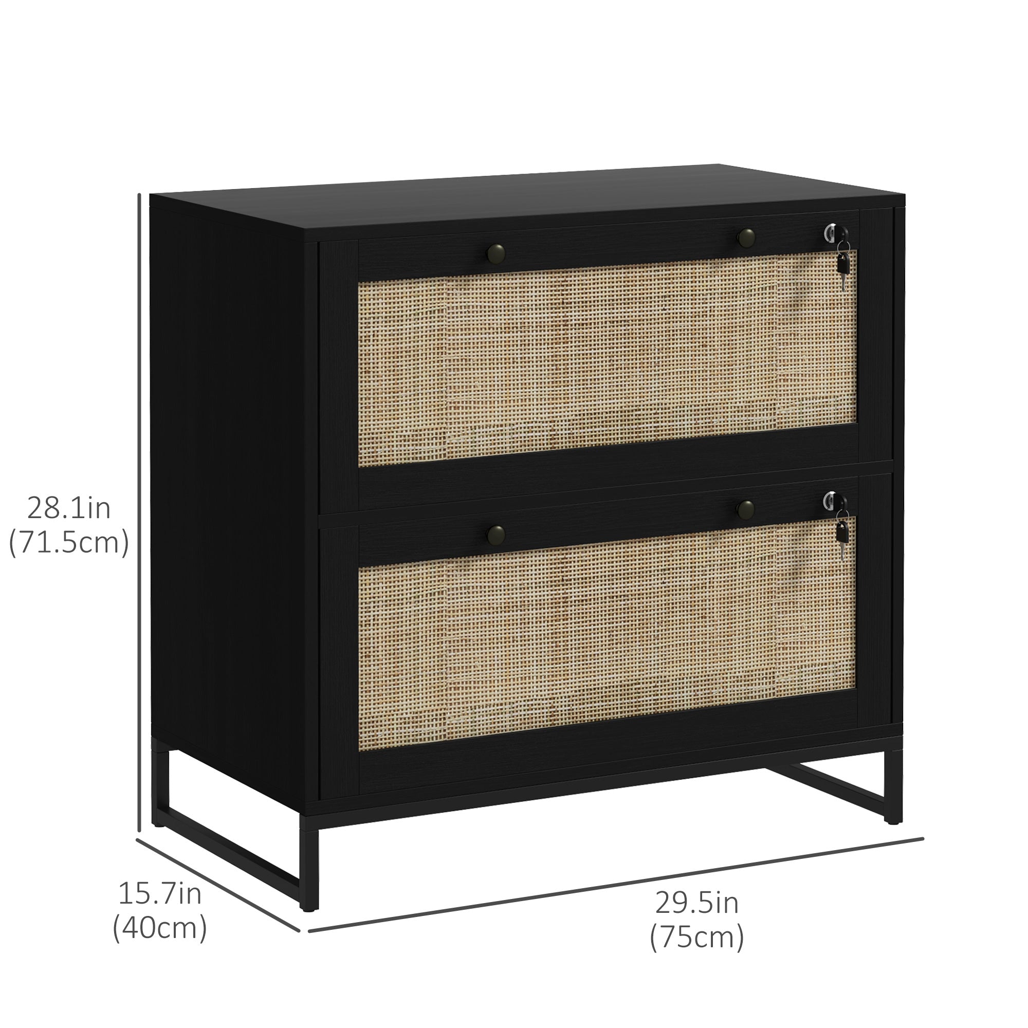 2-Drawer Rattan Filing Cabinet with Lock - Black-Office Products > Office Furniture > Office Cabinets & Cupboards-DECOROLALA