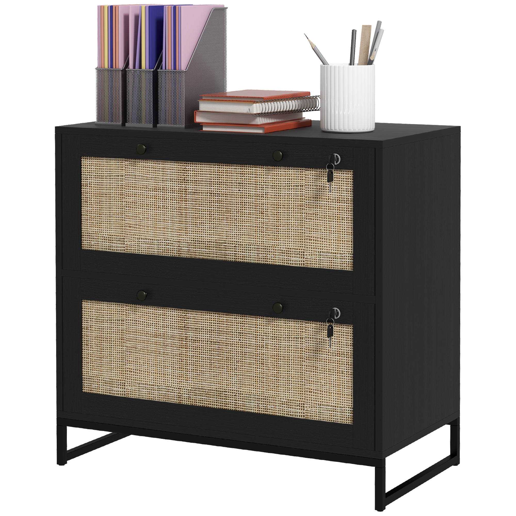 2-Drawer Rattan Filing Cabinet with Lock - Black-Office Products > Office Furniture > Office Cabinets & Cupboards-DECOROLALA