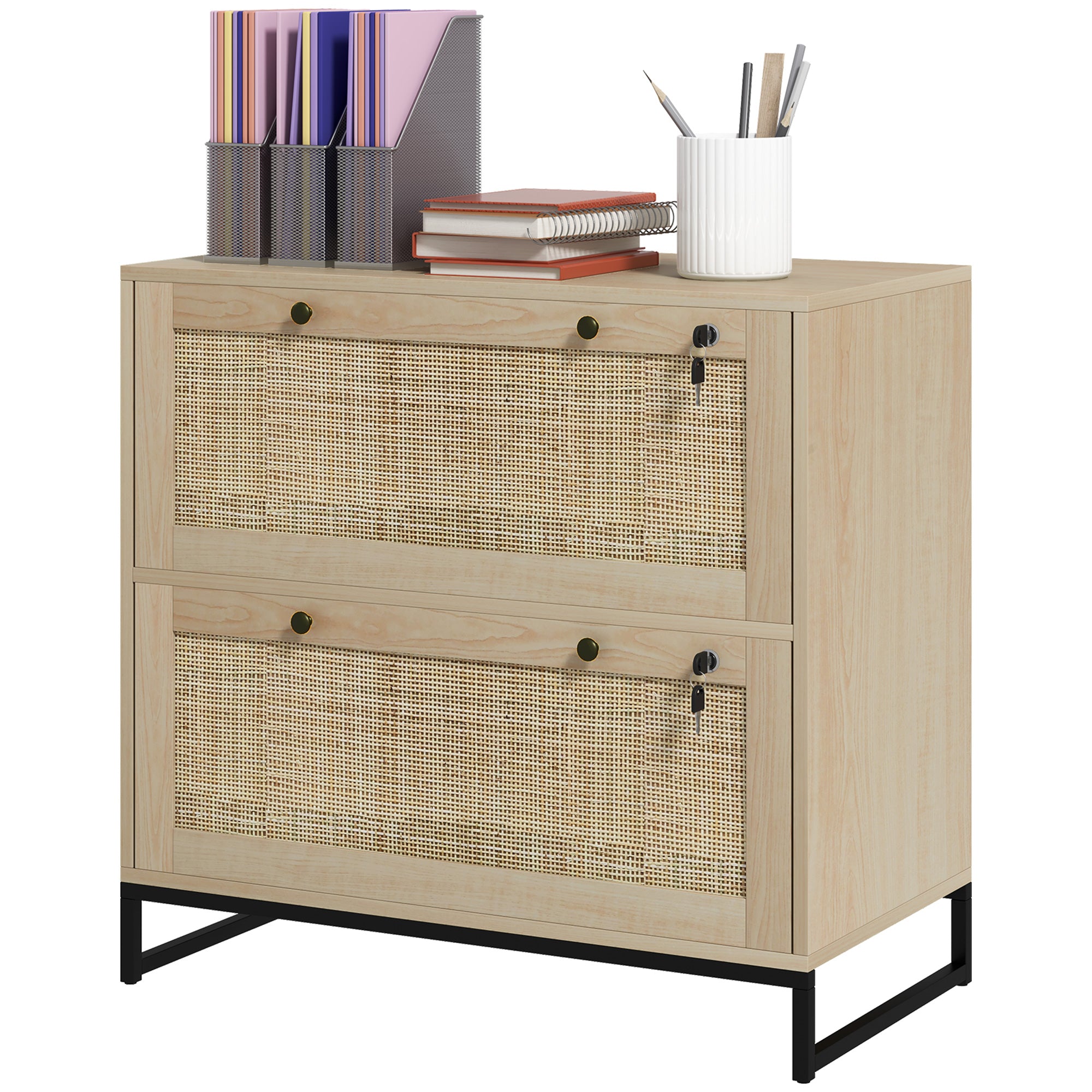 2-Drawer Rattan Filing Cabinet with Lock - Natural-Office Products > Office Furniture > Office Cabinets & Cupboards-DECOROLALA