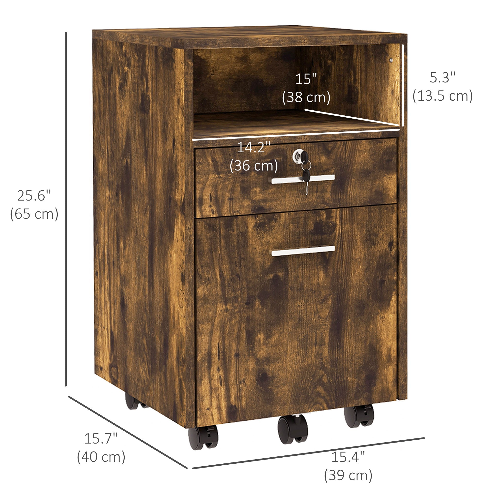 2-Drawer Rolling Filing Cabinet with Lock - Rustic Brown-Office Products > Office Furniture > Office Cabinets & Cupboards-DECOROLALA