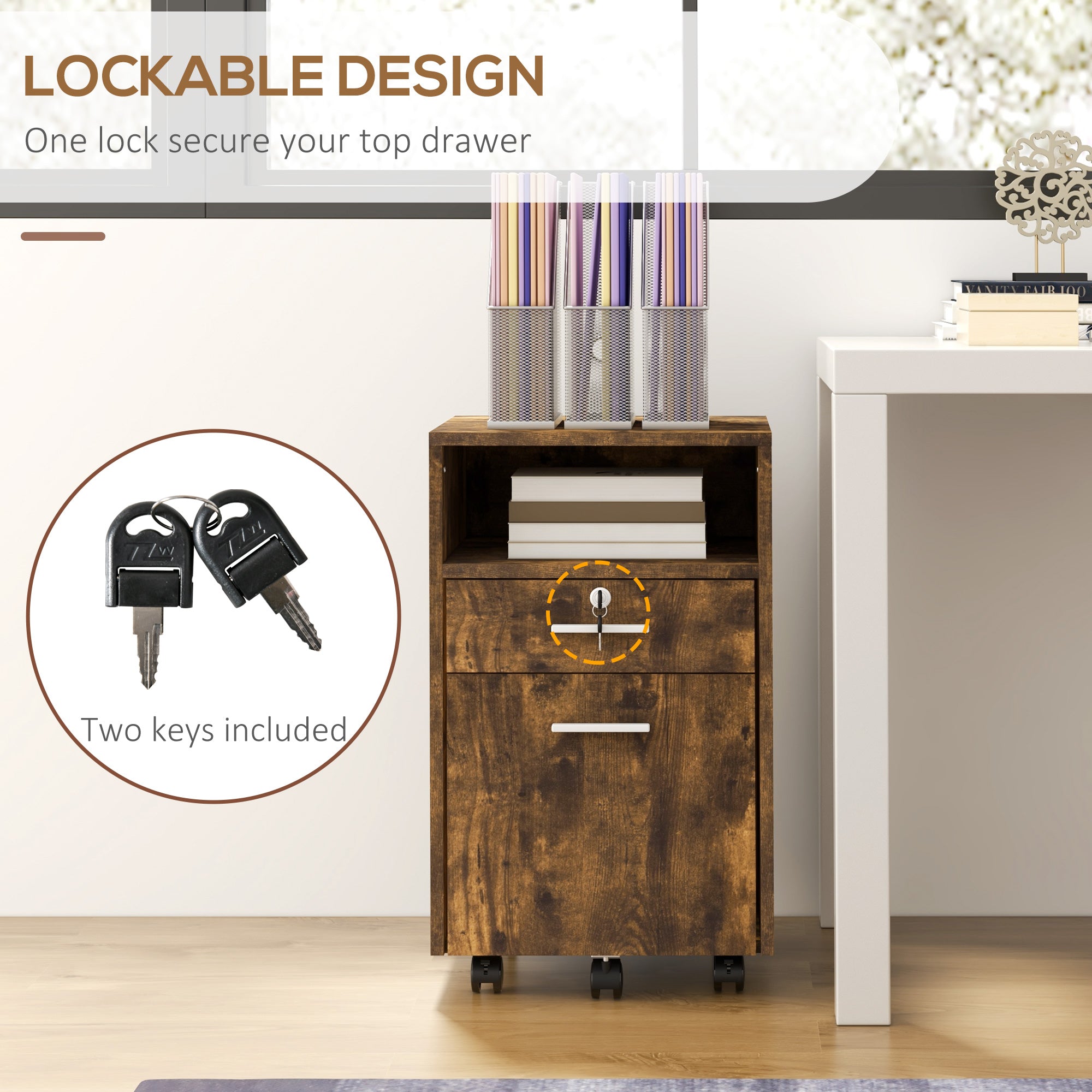 2-Drawer Rolling Filing Cabinet with Lock - Rustic Brown-Office Products > Office Furniture > Office Cabinets & Cupboards-DECOROLALA