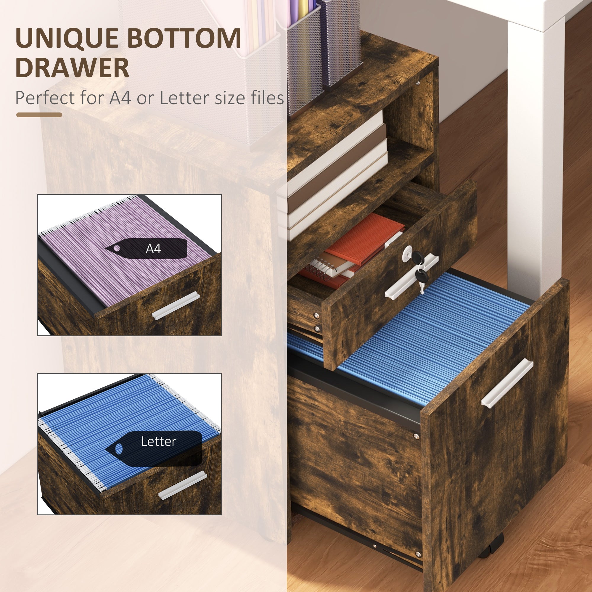 2-Drawer Rolling Filing Cabinet with Lock - Rustic Brown-Office Products > Office Furniture > Office Cabinets & Cupboards-DECOROLALA