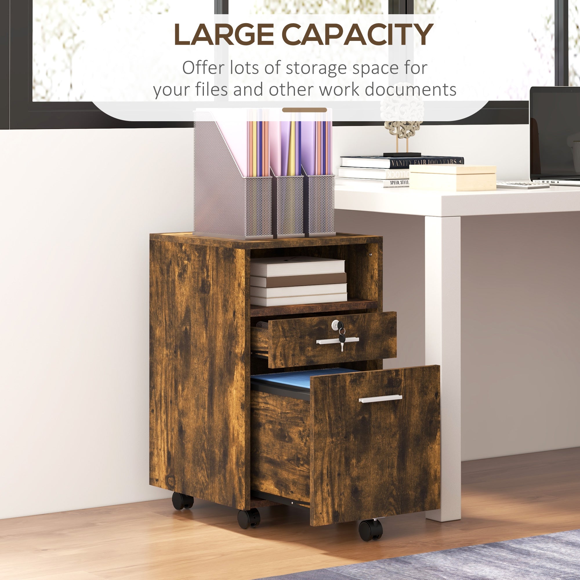 2-Drawer Rolling Filing Cabinet with Lock - Rustic Brown-Office Products > Office Furniture > Office Cabinets & Cupboards-DECOROLALA