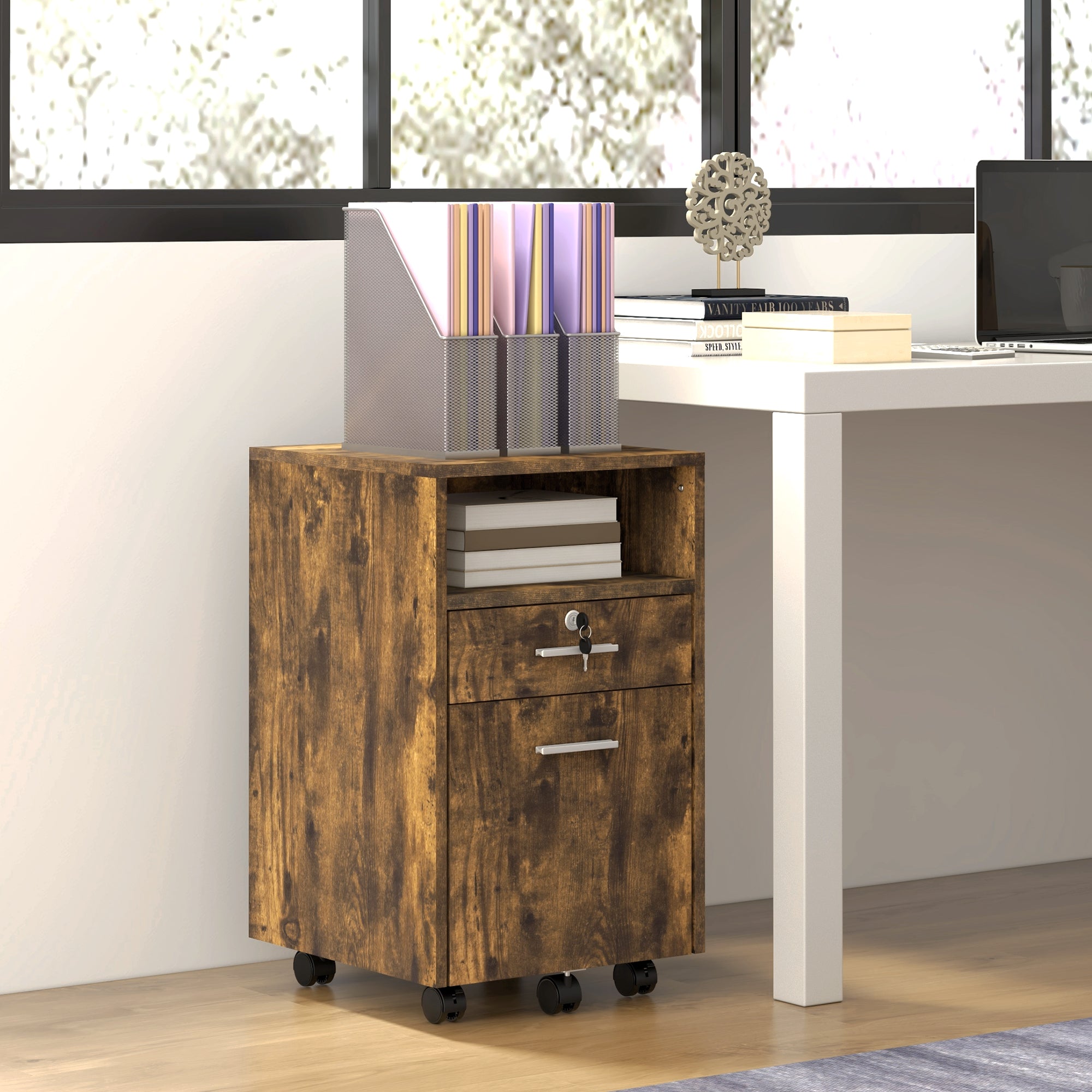 2-Drawer Rolling Filing Cabinet with Lock - Rustic Brown-Office Products > Office Furniture > Office Cabinets & Cupboards-DECOROLALA