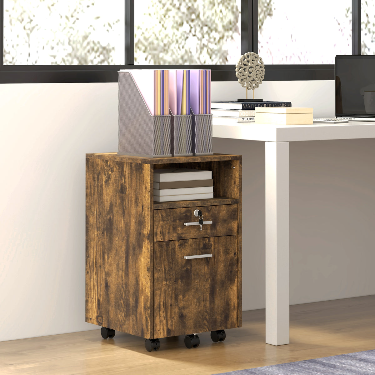 2-Drawer Rolling Filing Cabinet with Lock - Rustic Brown-Office Storage Cabinets-DECOROLALA