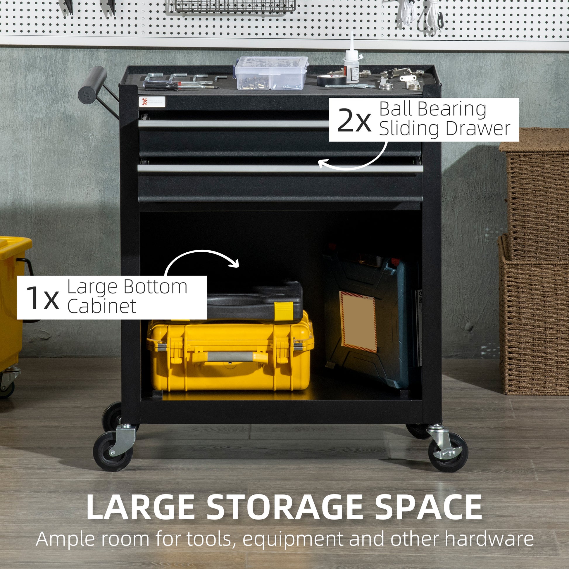 2-Drawer Rolling Steel Tool Chest Cabinet - Black-DECOROLALA