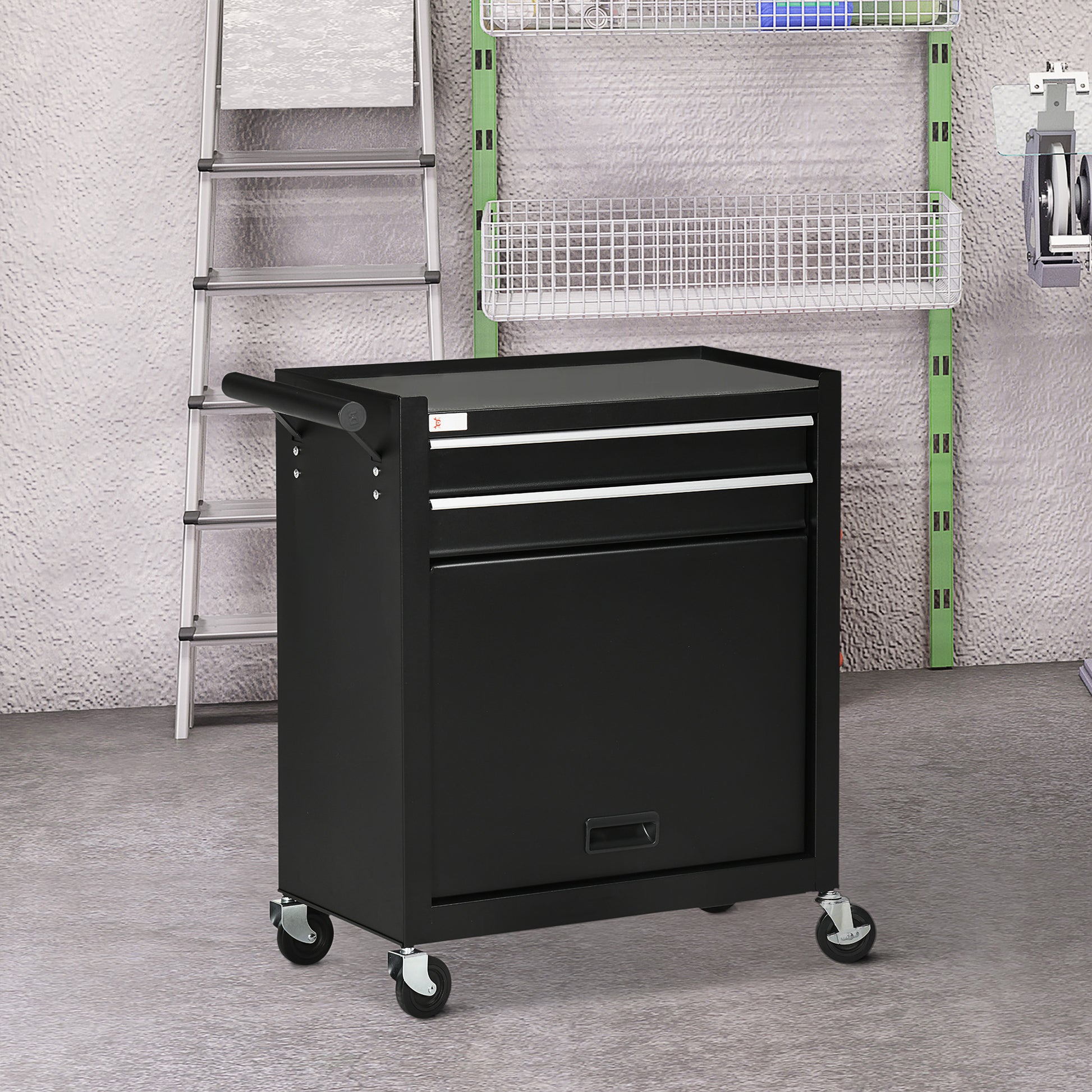 2-Drawer Rolling Steel Tool Chest Cabinet - Black-DECOROLALA