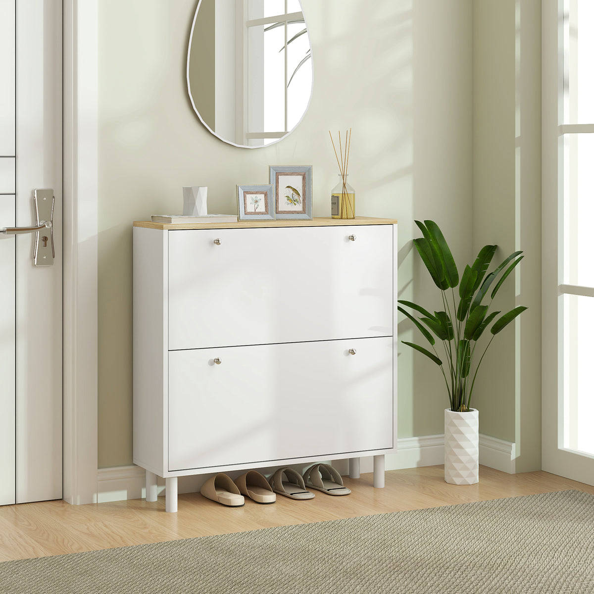 2-Drawer Shoe Storage Cabinet - White 16-Pair Slim Design-Home Furnishings > Storage & Organization > Shoe Storage Cabinets & Racks-DECOROLALA