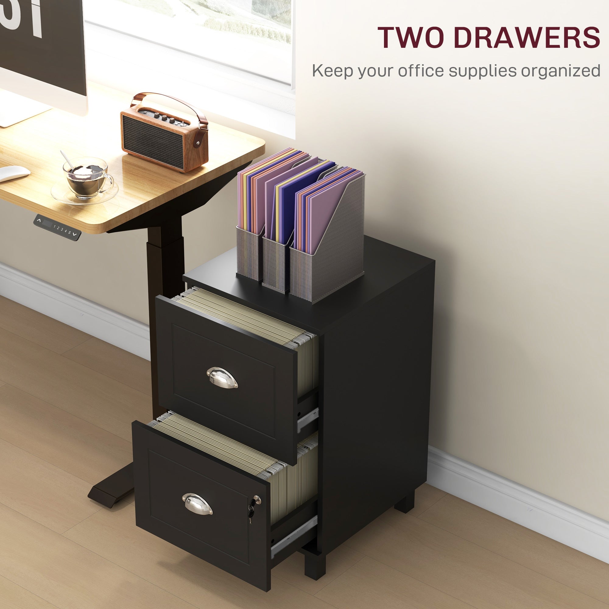 2-Drawer Small Filing Cabinet Lockable Home Office Storage Cabinet with Adjustable Hanging Bars for A4 Letter Black-Office Products > Office Furniture > Office Cabinets & Cupboards-DECOROLALA
