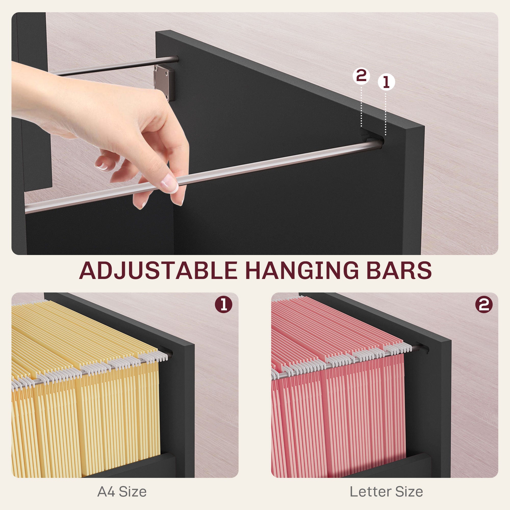 2-Drawer Small Filing Cabinet Lockable Home Office Storage Cabinet with Adjustable Hanging Bars for A4 Letter Black-Office Products > Office Furniture > Office Cabinets & Cupboards-DECOROLALA