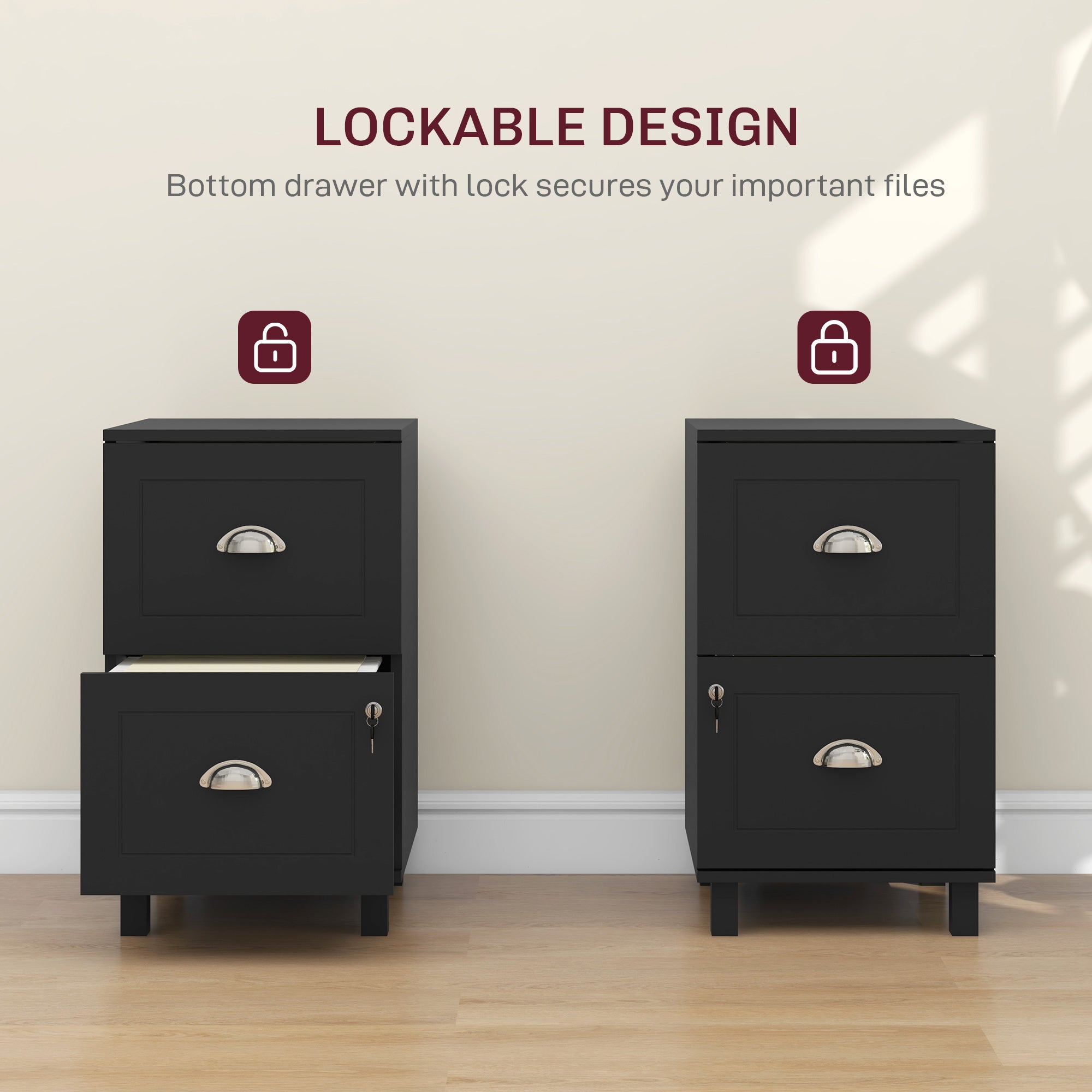 2-Drawer Small Filing Cabinet Lockable Home Office Storage Cabinet with Adjustable Hanging Bars for A4 Letter Black-Office Products > Office Furniture > Office Cabinets & Cupboards-DECOROLALA
