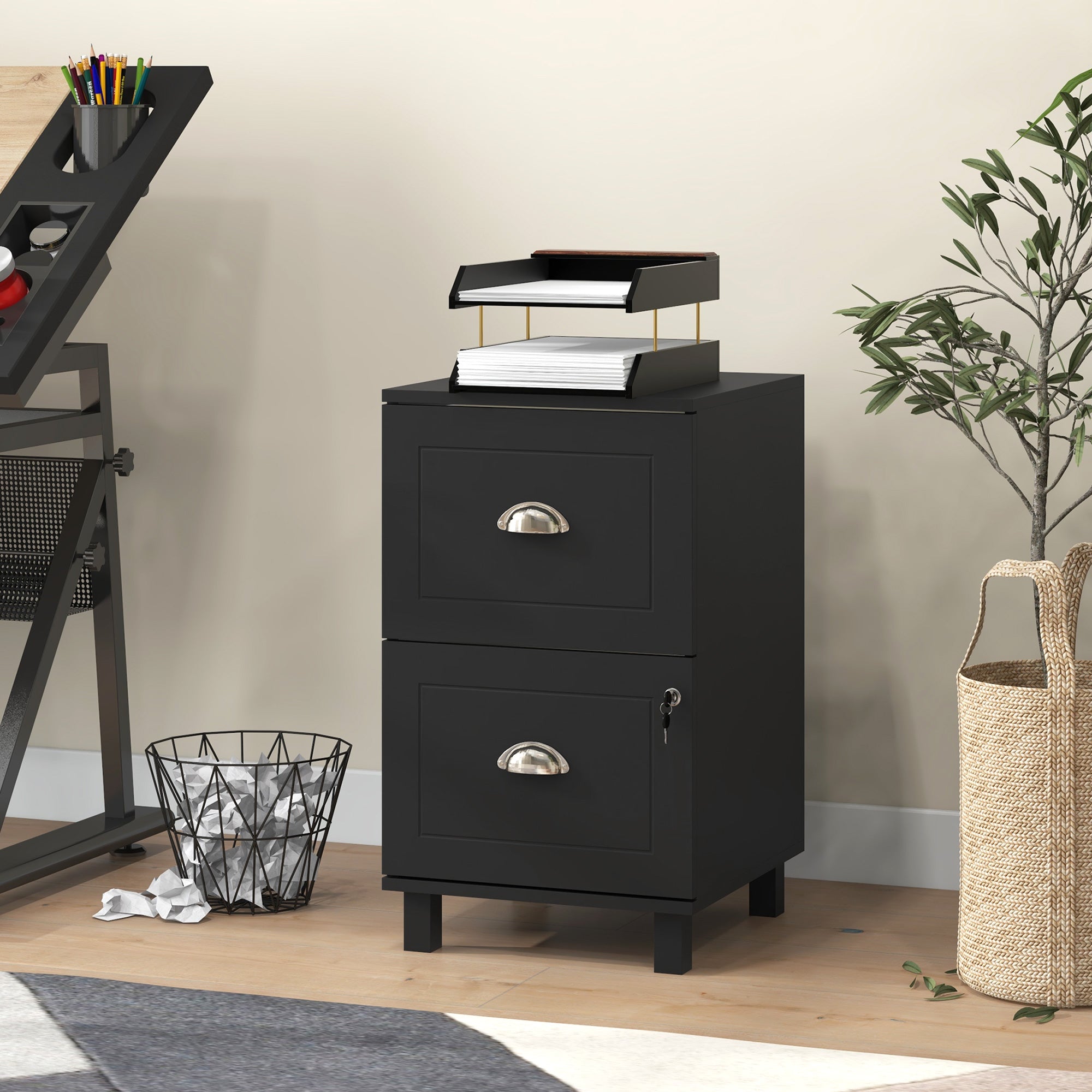 2-Drawer Small Filing Cabinet Lockable Home Office Storage Cabinet with Adjustable Hanging Bars for A4 Letter Black-Office Products > Office Furniture > Office Cabinets & Cupboards-DECOROLALA