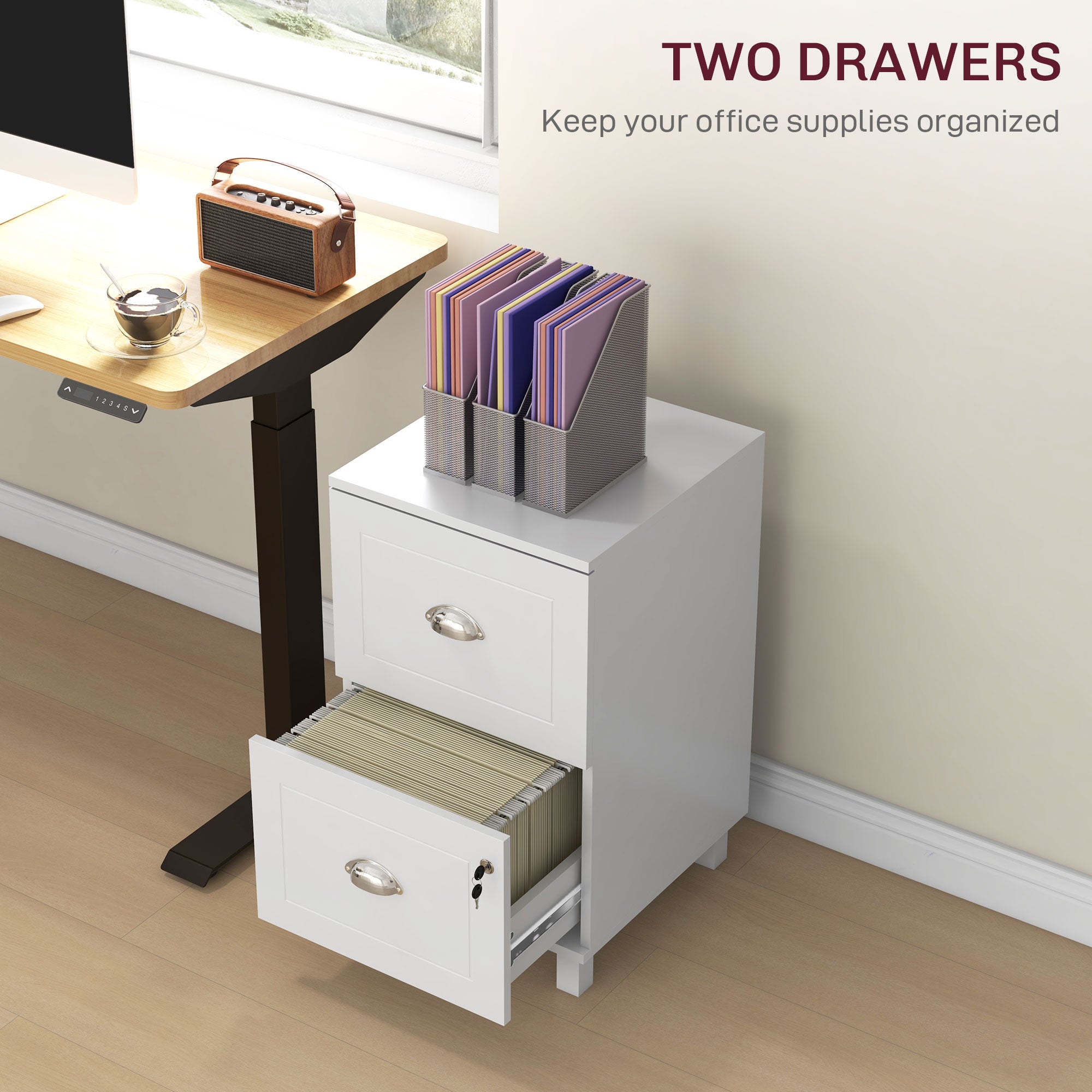 2-Drawer Small Filing Cabinet Lockable Home Office Storage Cabinet with Adjustable Hanging Bars for A4 Letter White-Office Products > Office Furniture > Office Cabinets & Cupboards-DECOROLALA