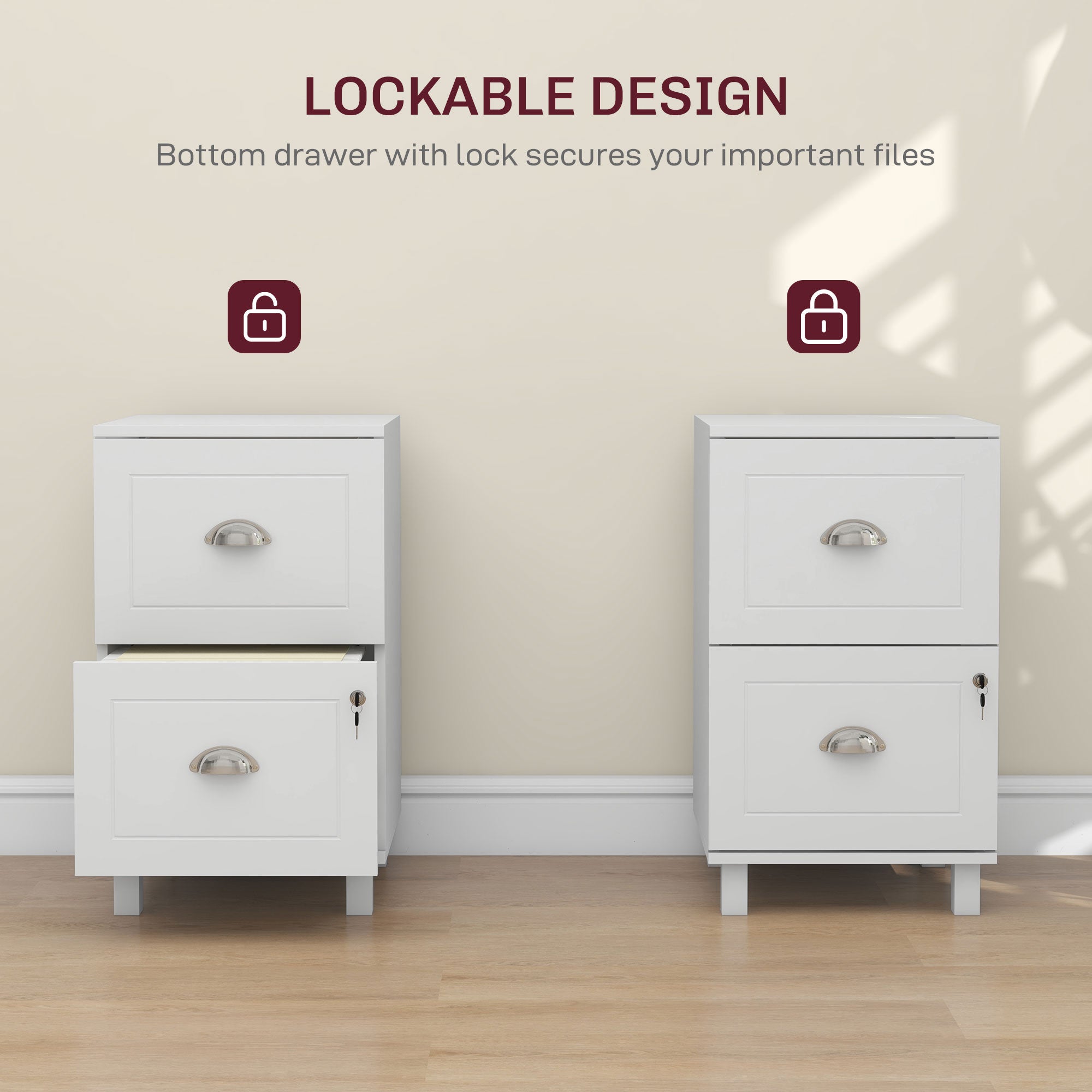 2-Drawer Small Filing Cabinet Lockable Home Office Storage Cabinet with Adjustable Hanging Bars for A4 Letter White-Office Products > Office Furniture > Office Cabinets & Cupboards-DECOROLALA