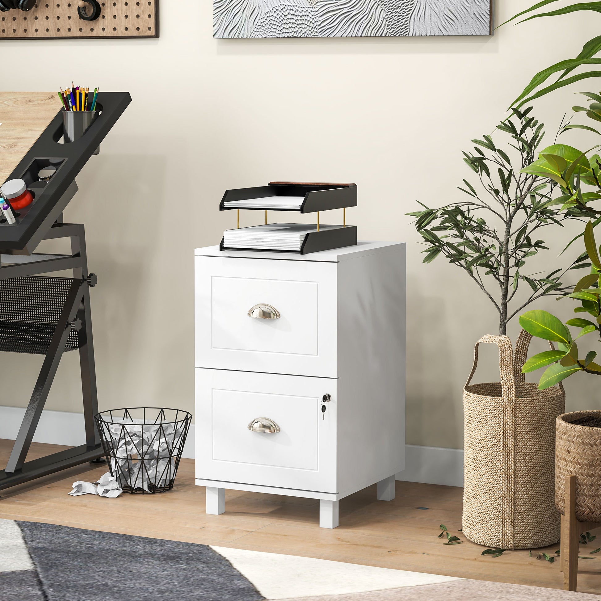 2-Drawer Small Filing Cabinet Lockable Home Office Storage Cabinet with Adjustable Hanging Bars for A4 Letter White-Office Products > Office Furniture > Office Cabinets & Cupboards-DECOROLALA