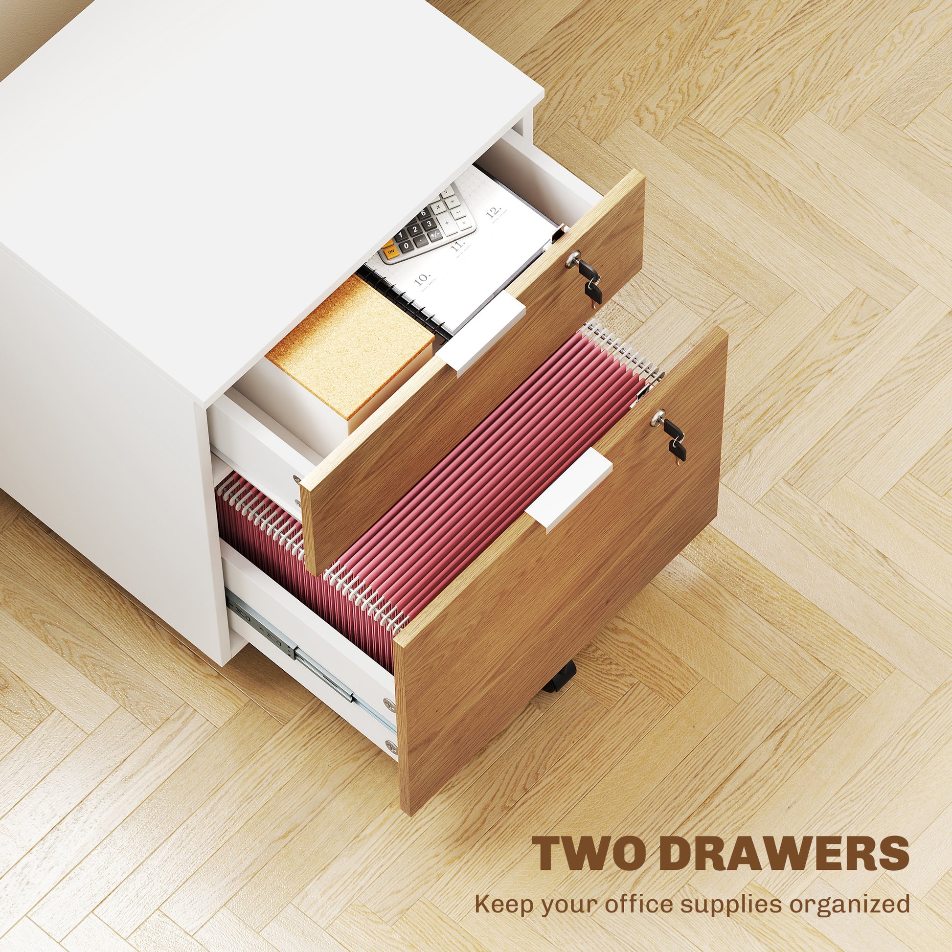 2 Drawer Small Filing Cabinet Lockable Office Storage Cabinet with Hanging Bars for A4 Legal Letter White Nature Wood-Office Products > Office Furniture > Office Cabinets & Cupboards-DECOROLALA