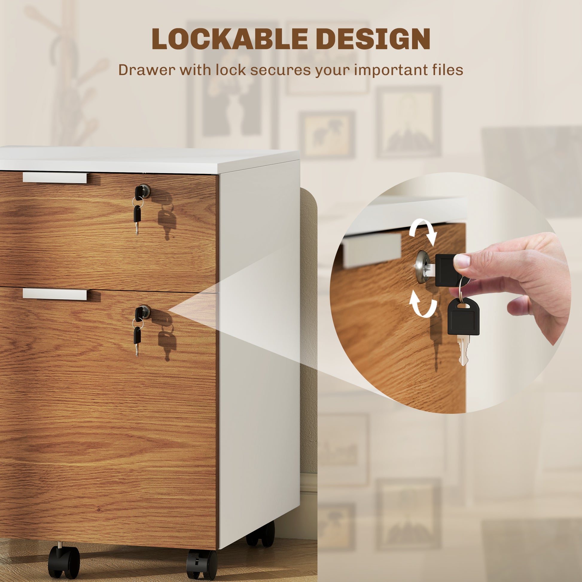 2 Drawer Small Filing Cabinet Lockable Office Storage Cabinet with Hanging Bars for A4 Legal Letter White Nature Wood-Office Products > Office Furniture > Office Cabinets & Cupboards-DECOROLALA