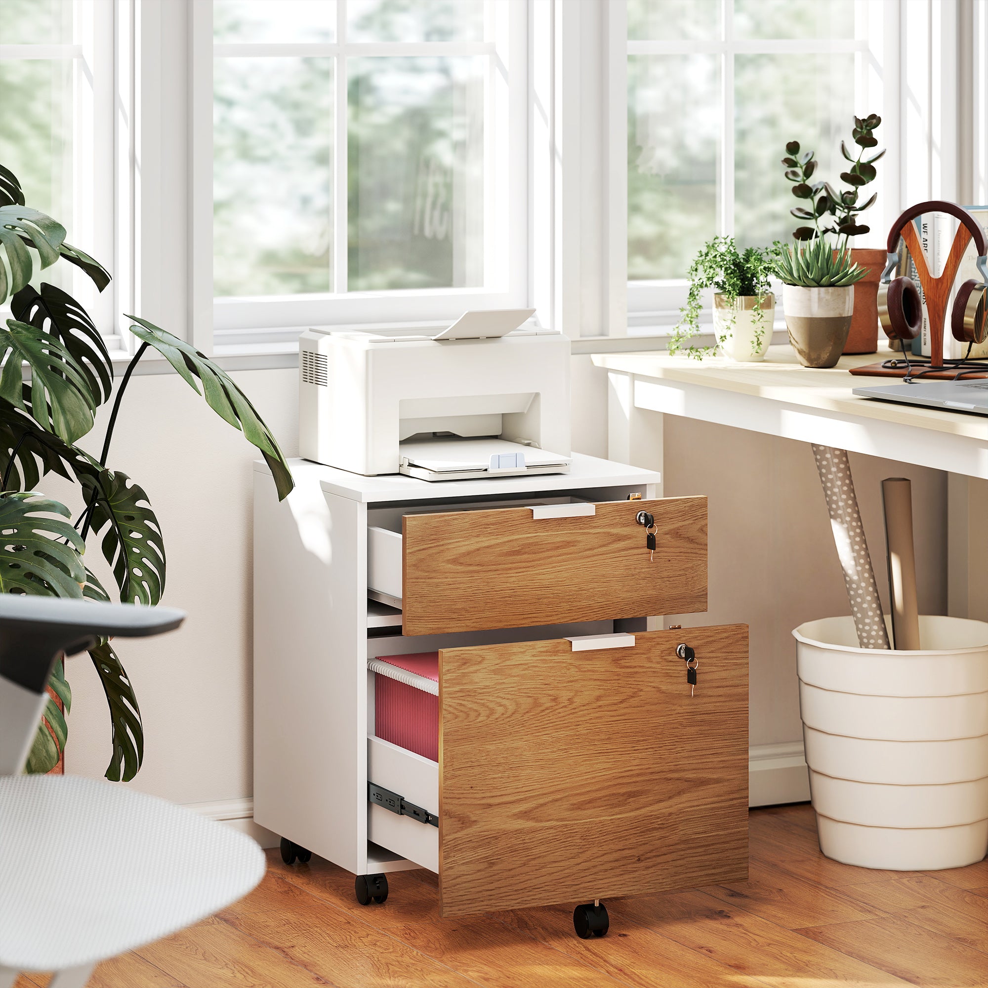 2 Drawer Small Filing Cabinet Lockable Office Storage Cabinet with Hanging Bars for A4 Legal Letter White Nature Wood-Office Products > Office Furniture > Office Cabinets & Cupboards-DECOROLALA