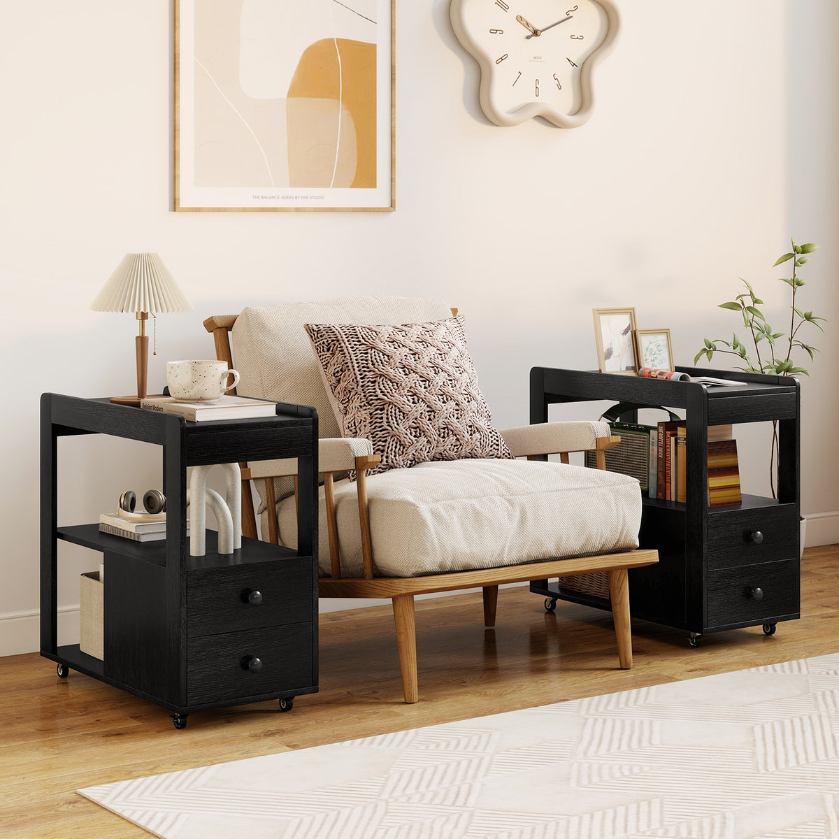 2-Drawer Sofa Side Table with Shelves for Living Room-Black-End & Side Tables-DECOROLALA