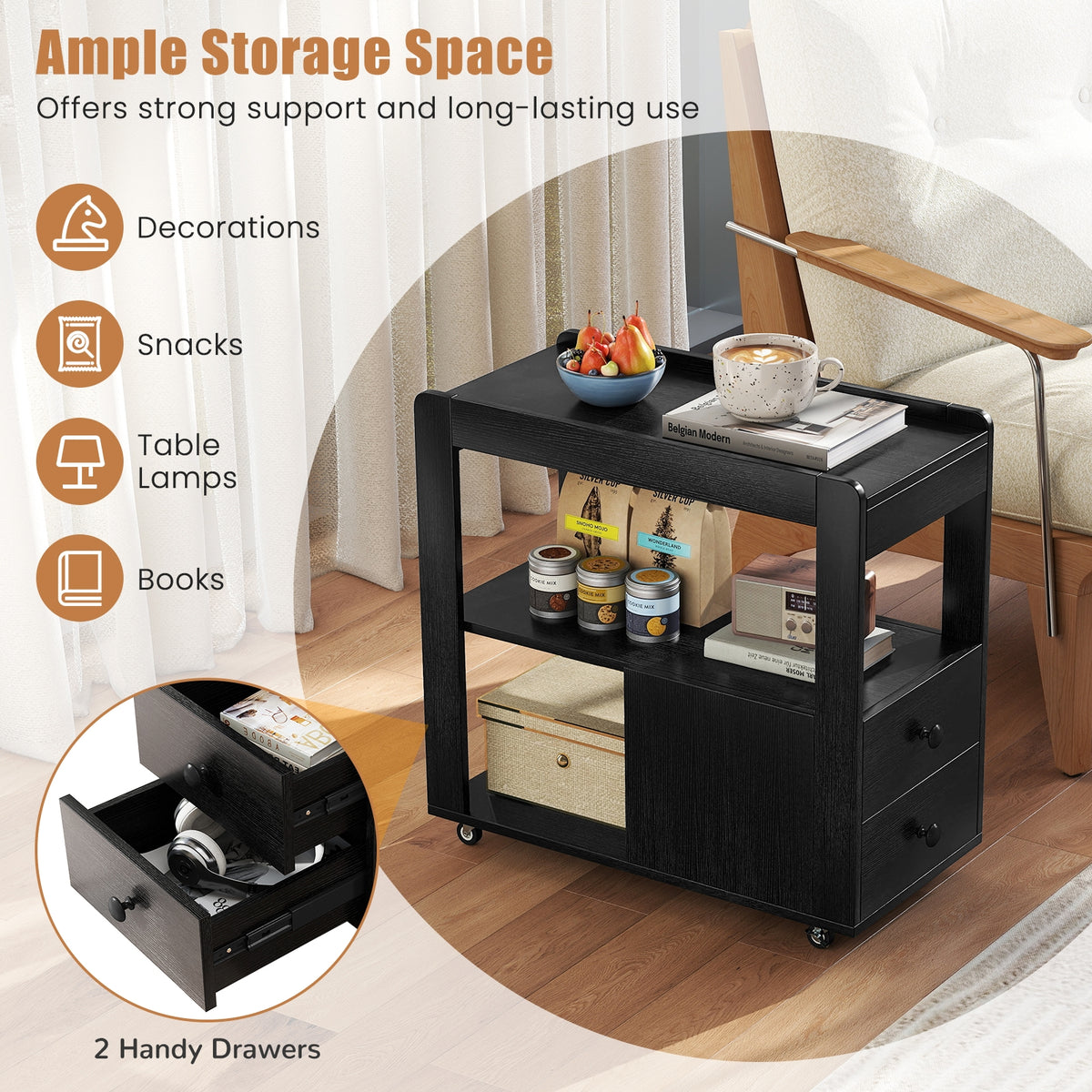 2-Drawer Sofa Side Table with Shelves for Living Room-Black-End & Side Tables-DECOROLALA