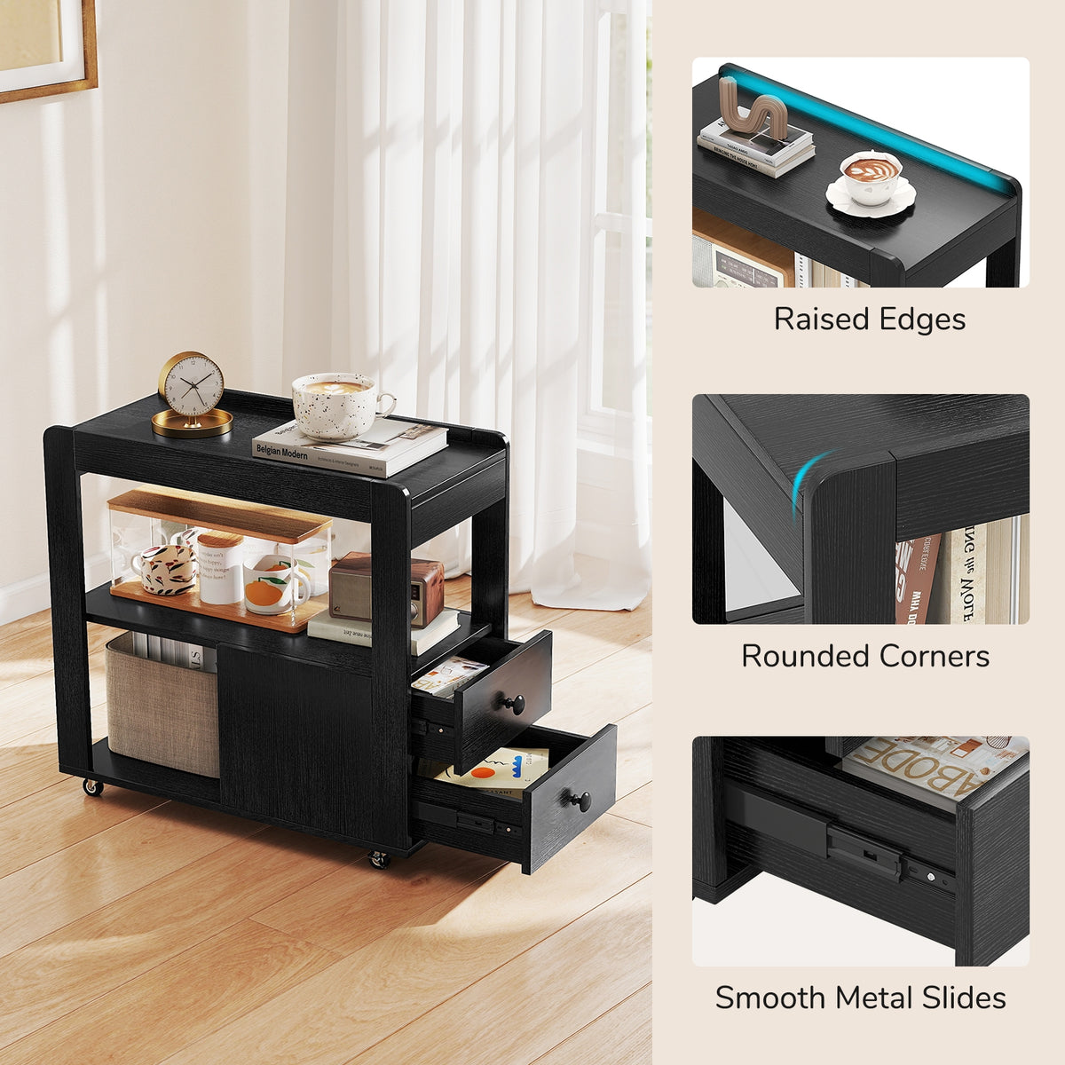 2-Drawer Sofa Side Table with Shelves for Living Room-Black-End & Side Tables-DECOROLALA