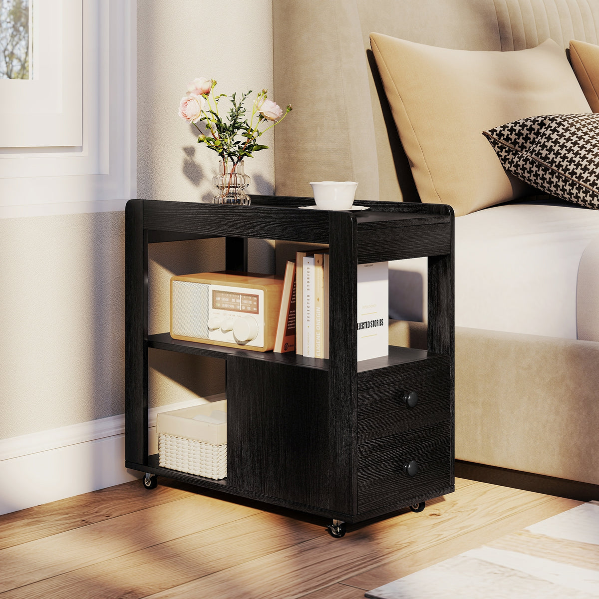 2-Drawer Sofa Side Table with Shelves for Living Room-Black-End & Side Tables-DECOROLALA