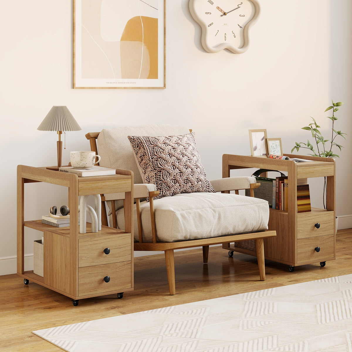 2-Drawer Sofa Side Table with Shelves for Living Room-Natural-End & Side Tables-DECOROLALA