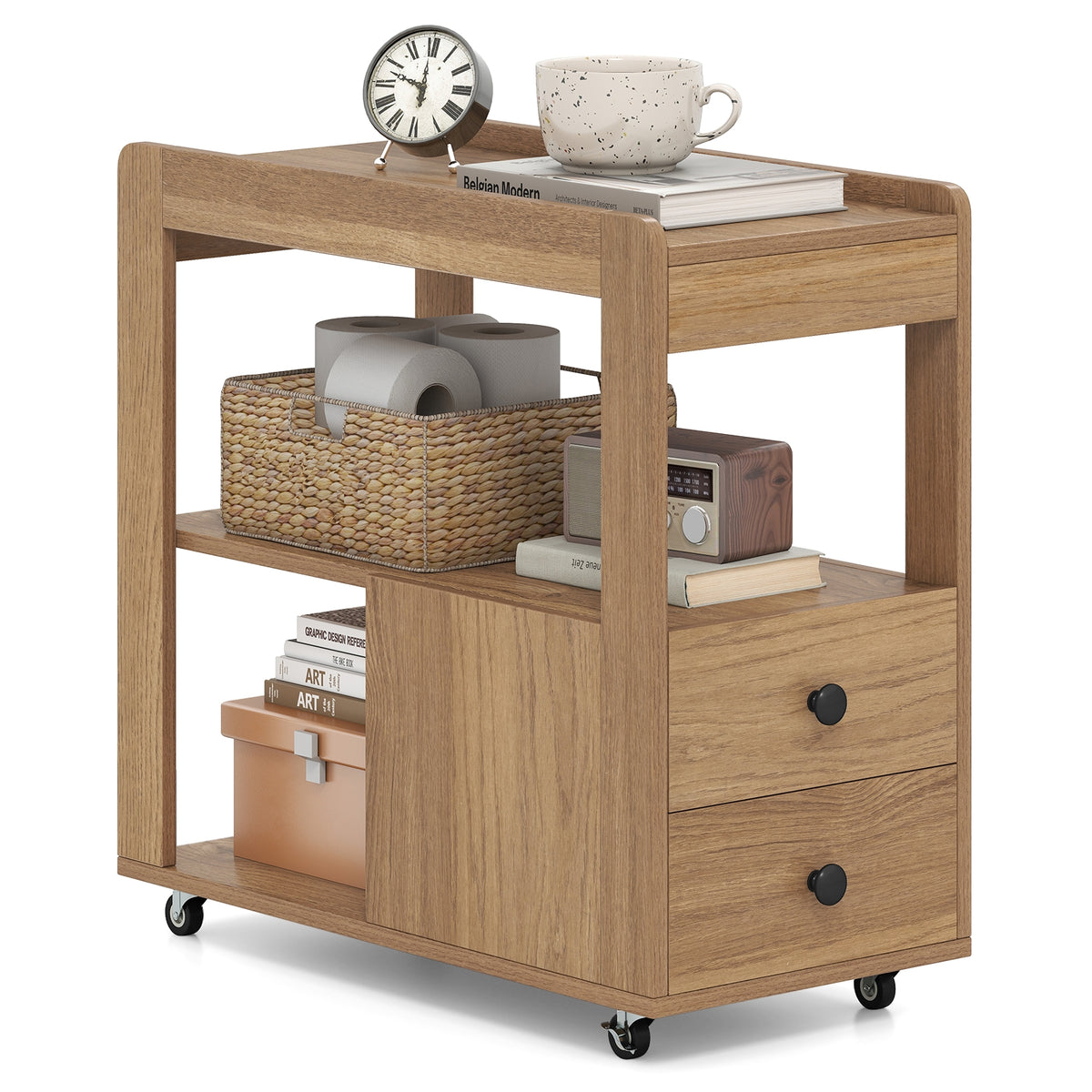 2-Drawer Sofa Side Table with Shelves for Living Room-Natural-End & Side Tables-DECOROLALA