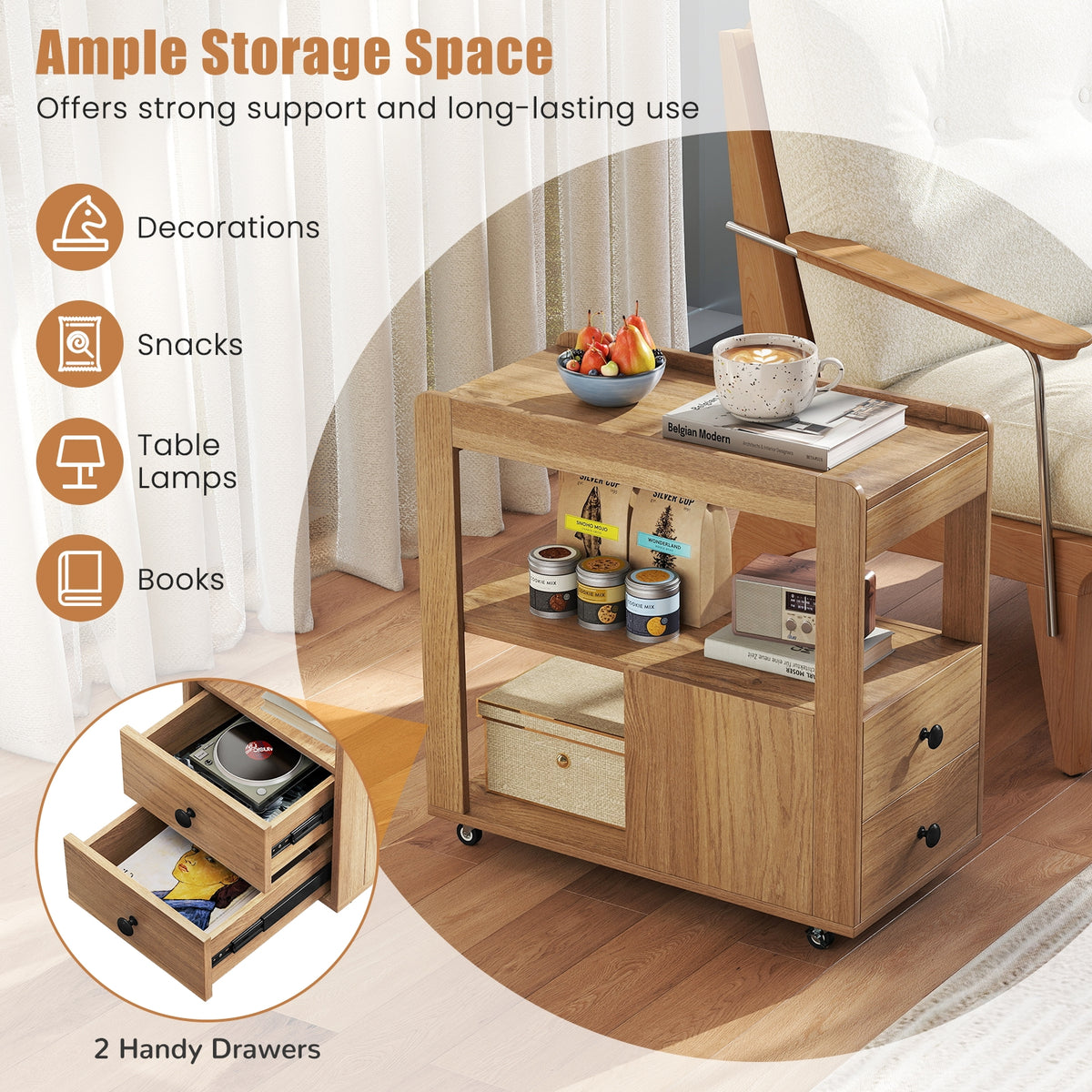 2-Drawer Sofa Side Table with Shelves for Living Room-Natural-End & Side Tables-DECOROLALA