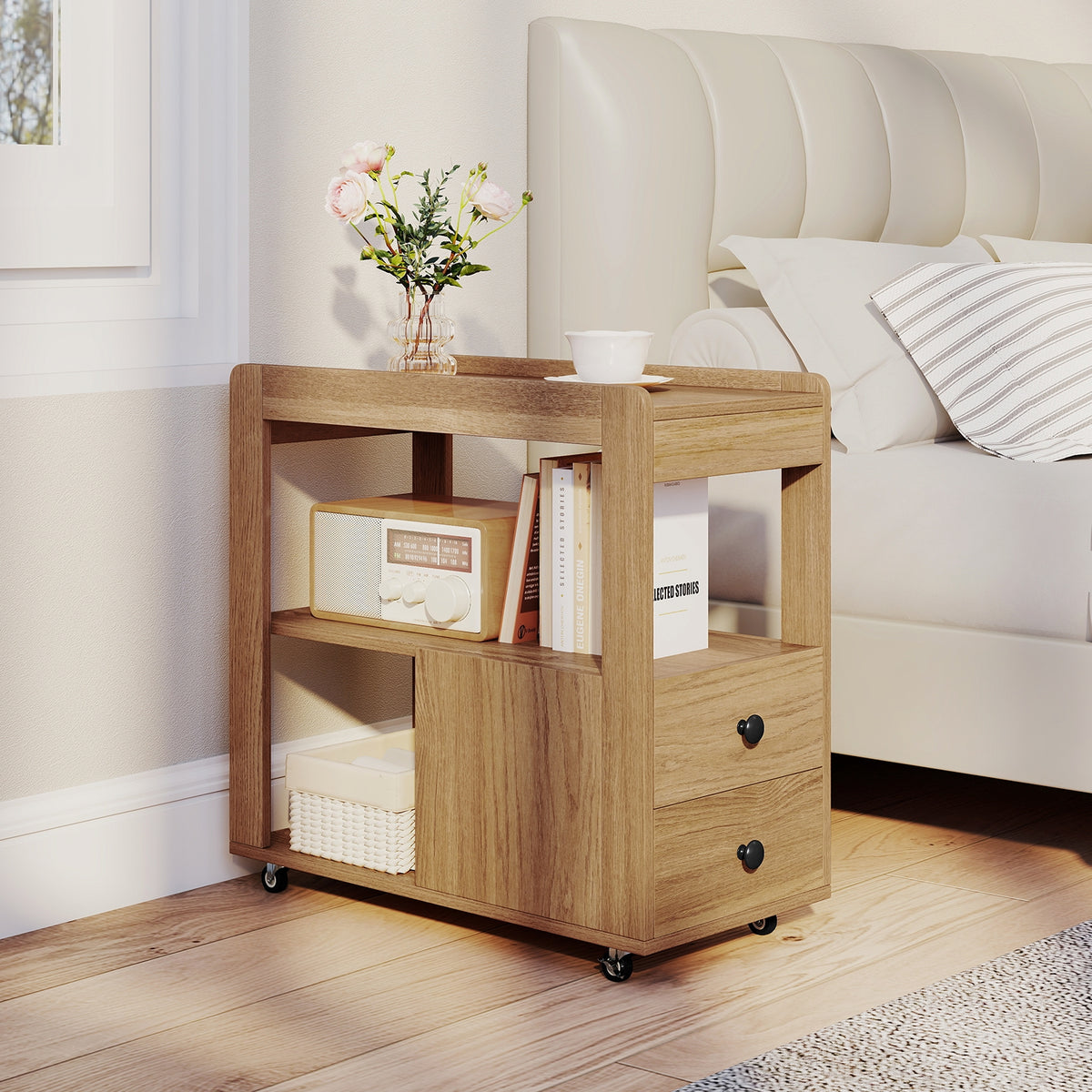 2-Drawer Sofa Side Table with Shelves for Living Room-Natural-End & Side Tables-DECOROLALA