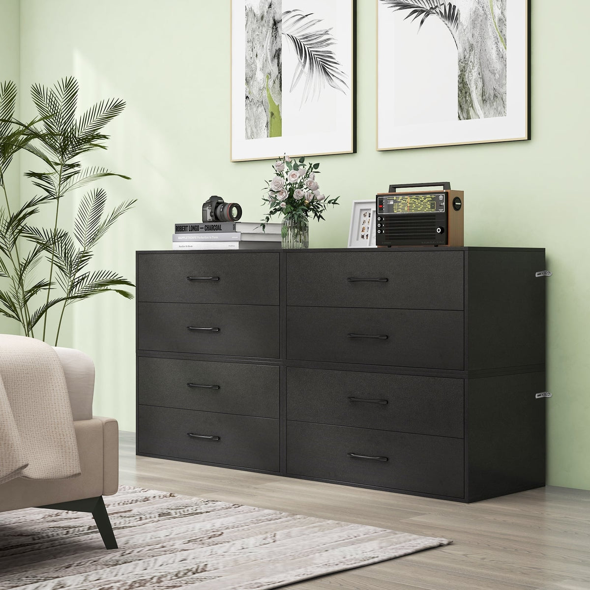 2-Drawer Stackable Horizontal Storage Cabinet Dresser Chest with Handles-Black-Dressers & Chests-DECOROLALA