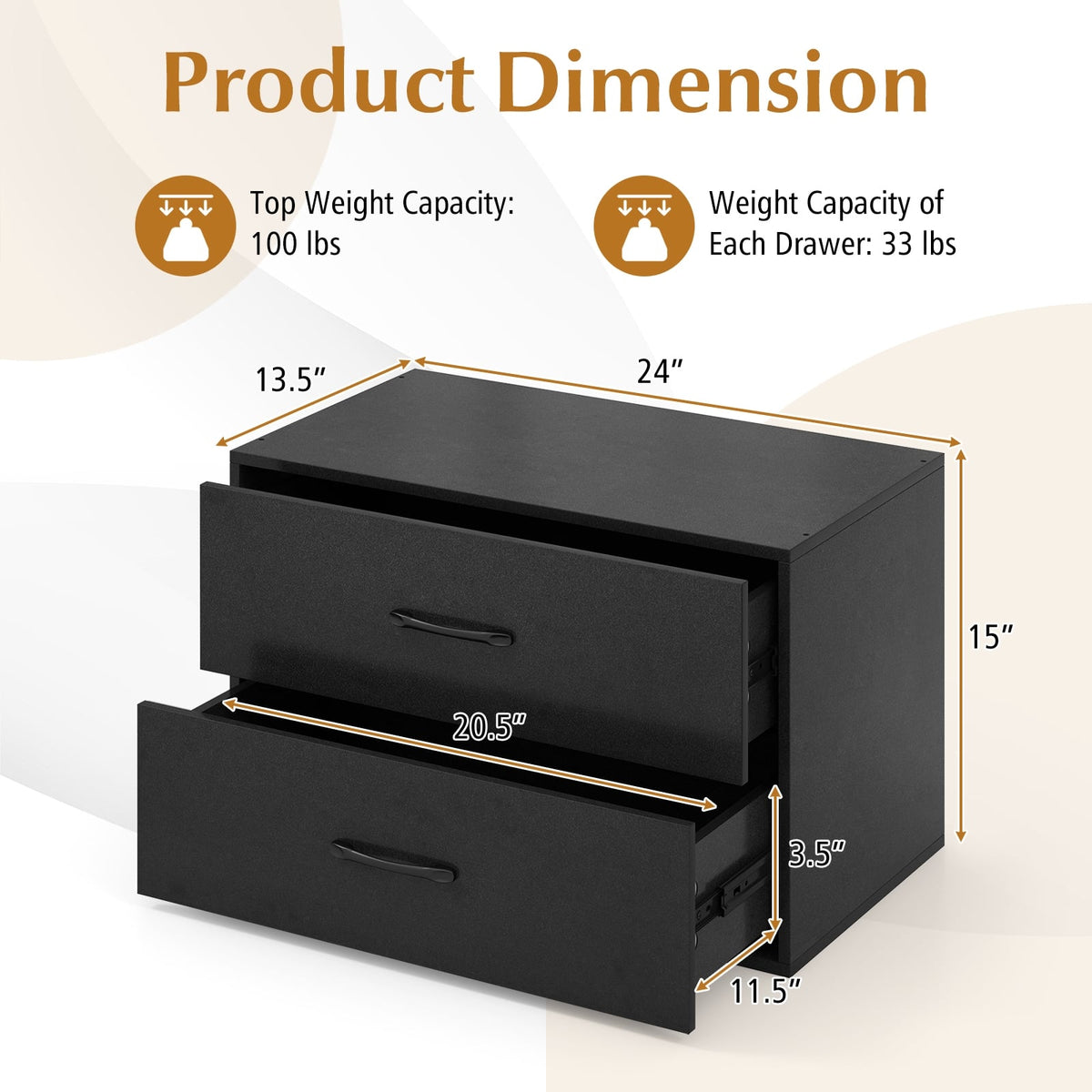 2-Drawer Stackable Horizontal Storage Cabinet Dresser Chest with Handles-Black-Dressers & Chests-DECOROLALA