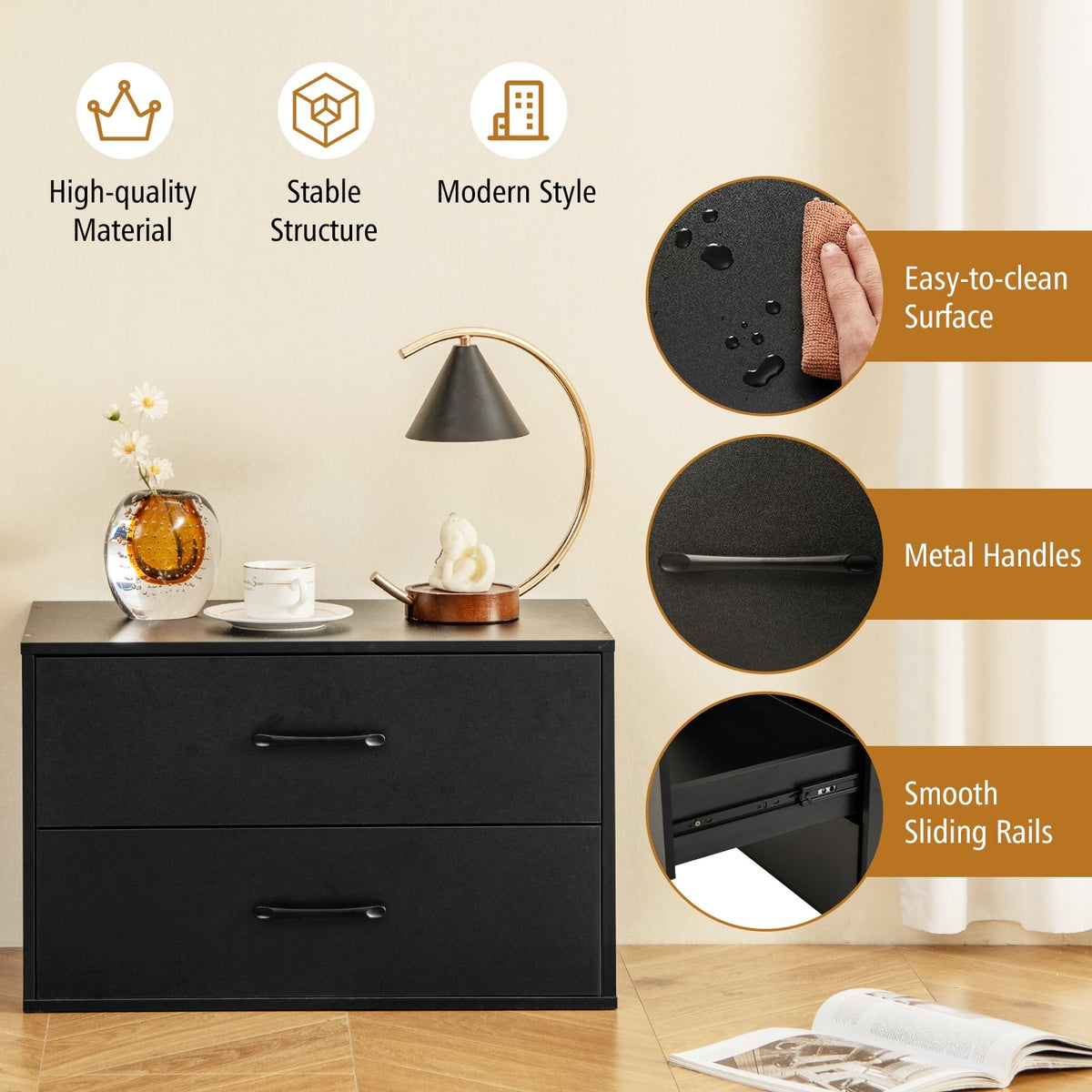 2-Drawer Stackable Horizontal Storage Cabinet Dresser Chest with Handles-Black-Dressers & Chests-DECOROLALA