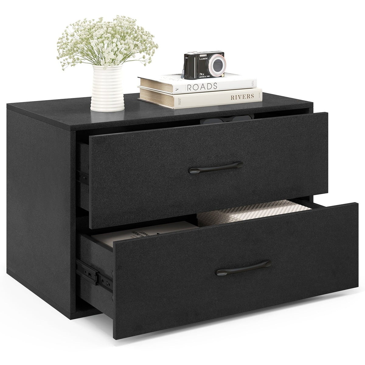 2-Drawer Stackable Horizontal Storage Cabinet Dresser Chest with Handles-Black-Dressers & Chests-DECOROLALA