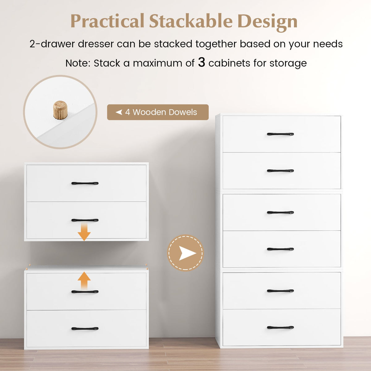 2-Drawer Stackable Storage Cabinet - White (min order qty 2)-Dressers & Chests-DECOROLALA