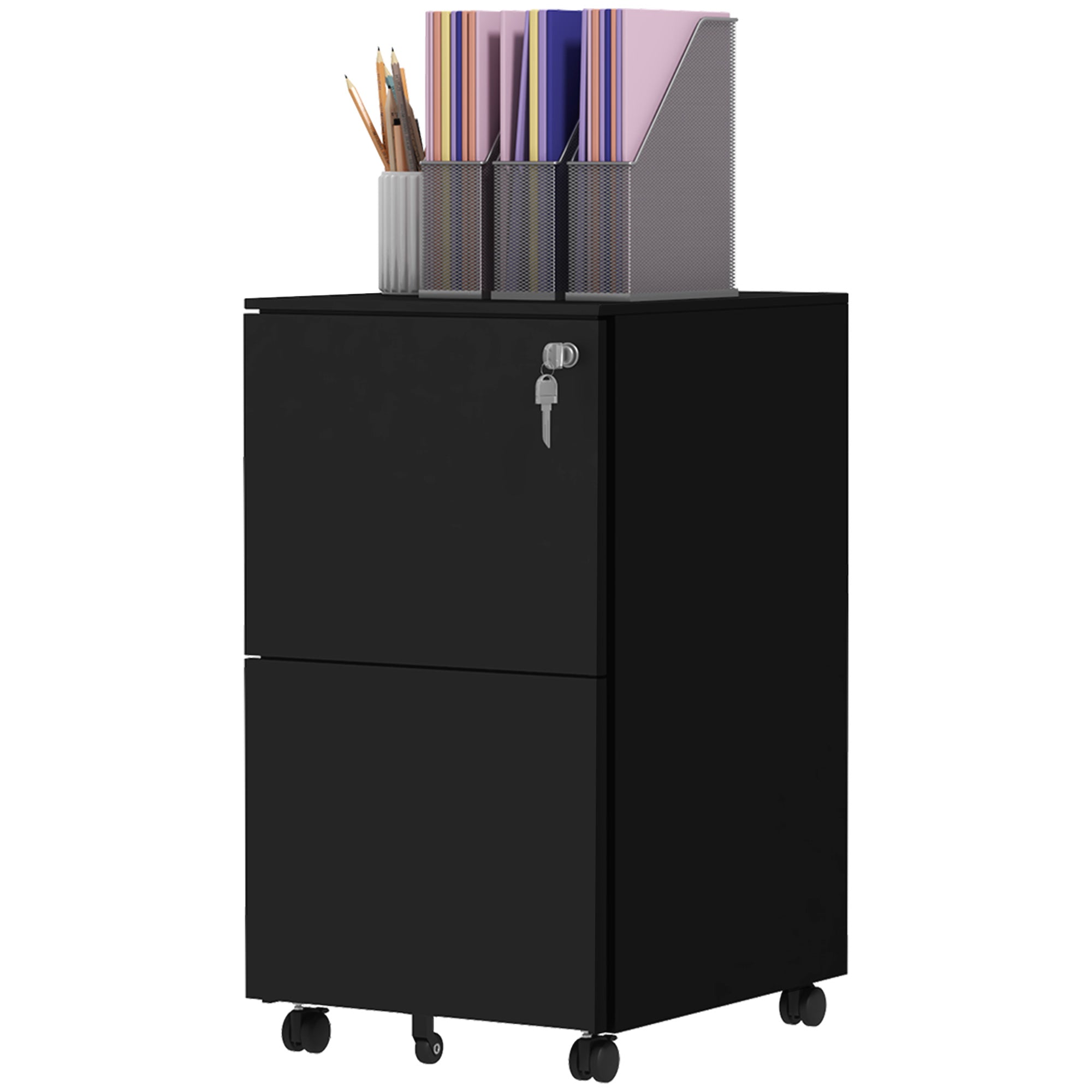 2-Drawer Steel Mobile Filing Cabinet with Lock - Black-Office Products > Office Furniture > Office Cabinets & Cupboards-DECOROLALA