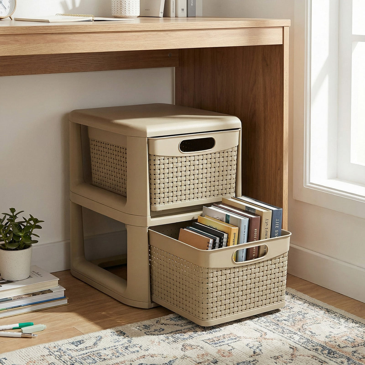 2-Drawer Storage Organizer with Wicker Patterns-Brown-Dressers & Chests-DECOROLALA