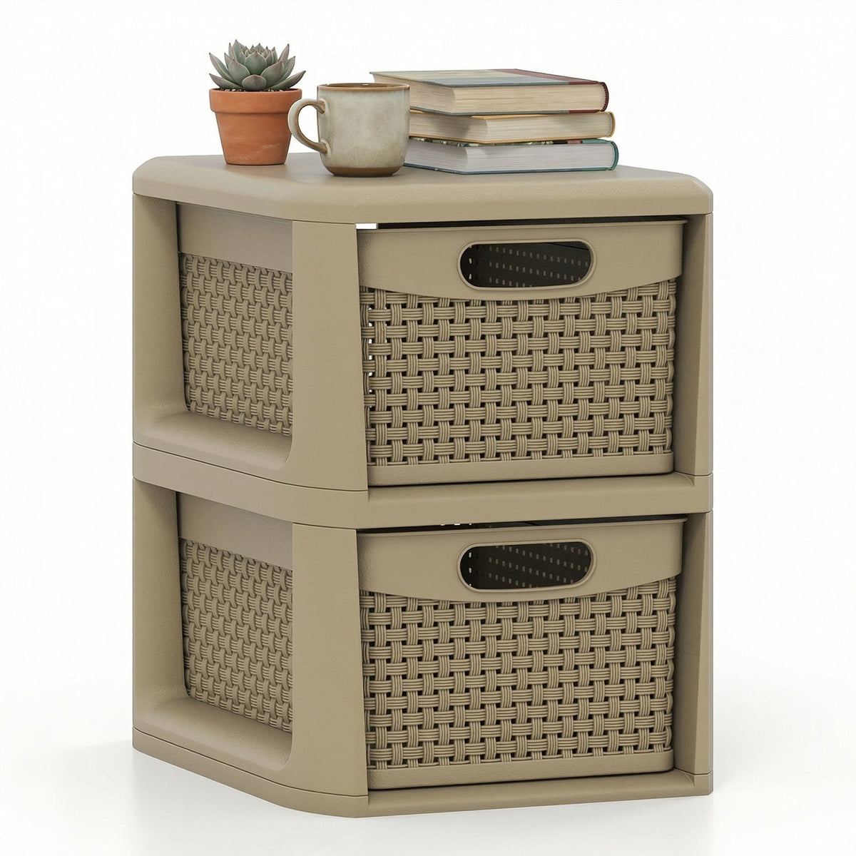 2-Drawer Storage Organizer with Wicker Patterns-Brown-Dressers & Chests-DECOROLALA