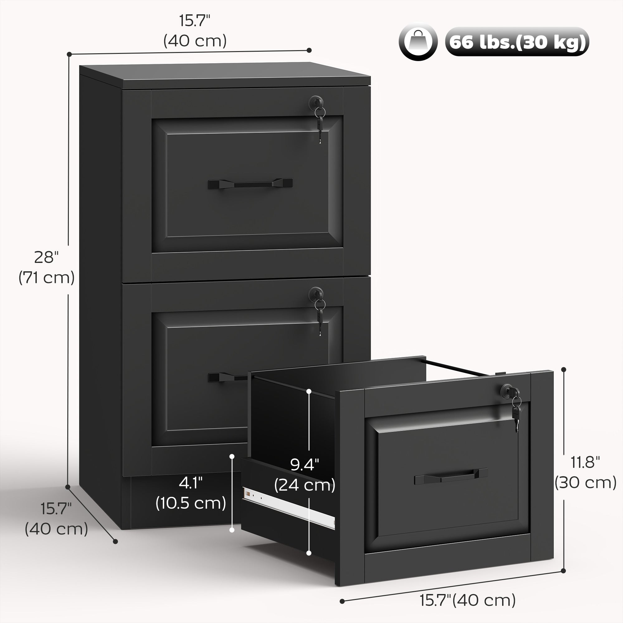 2 Drawer Vertical File Cabinet with Lock - Black MDF 28" H-Office Products > Office Furniture > Office Cabinets & Cupboards-DECOROLALA