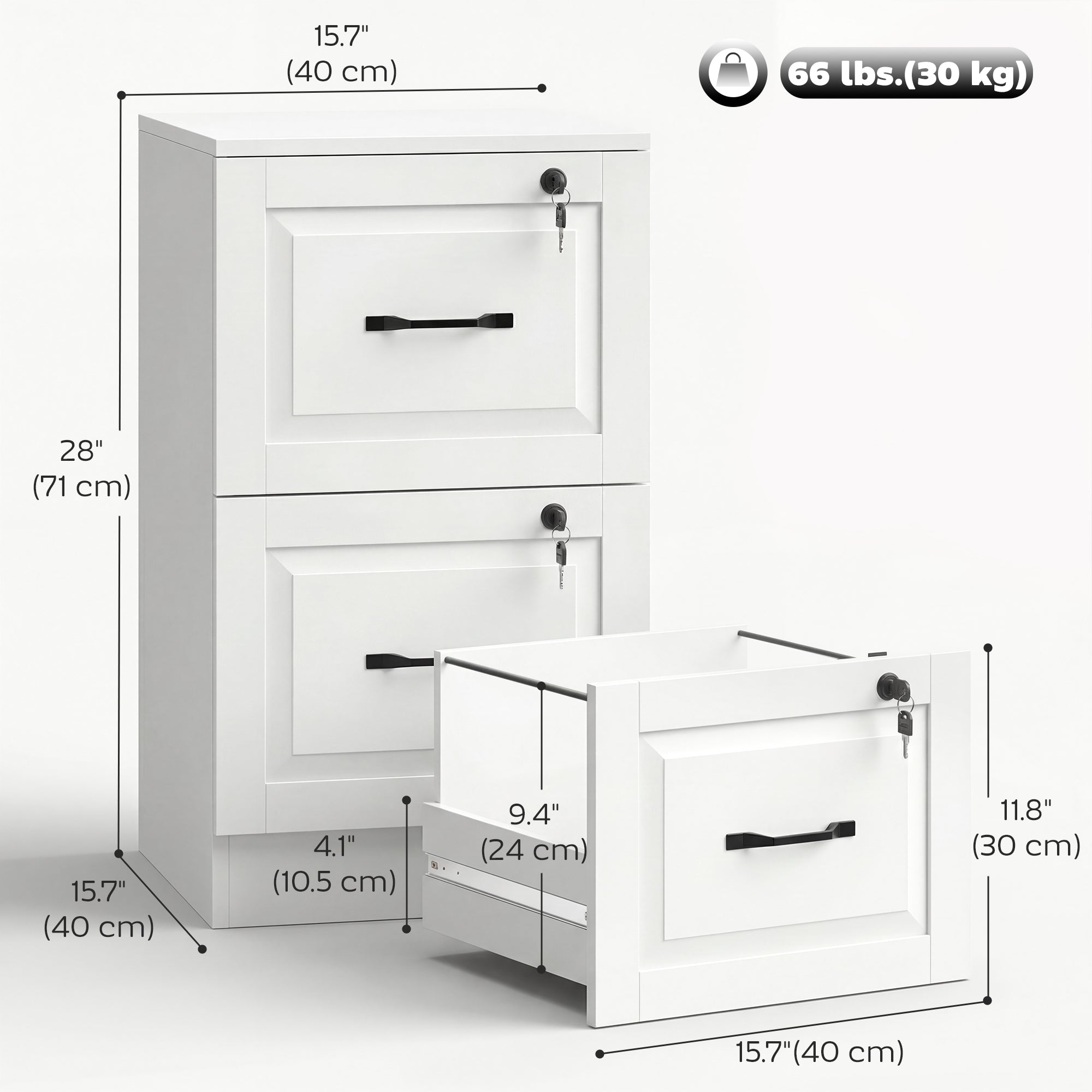 2-Drawer Vertical File Cabinet with Lock - White MDF 28" H-Office Products > Office Furniture > Office Cabinets & Cupboards-DECOROLALA