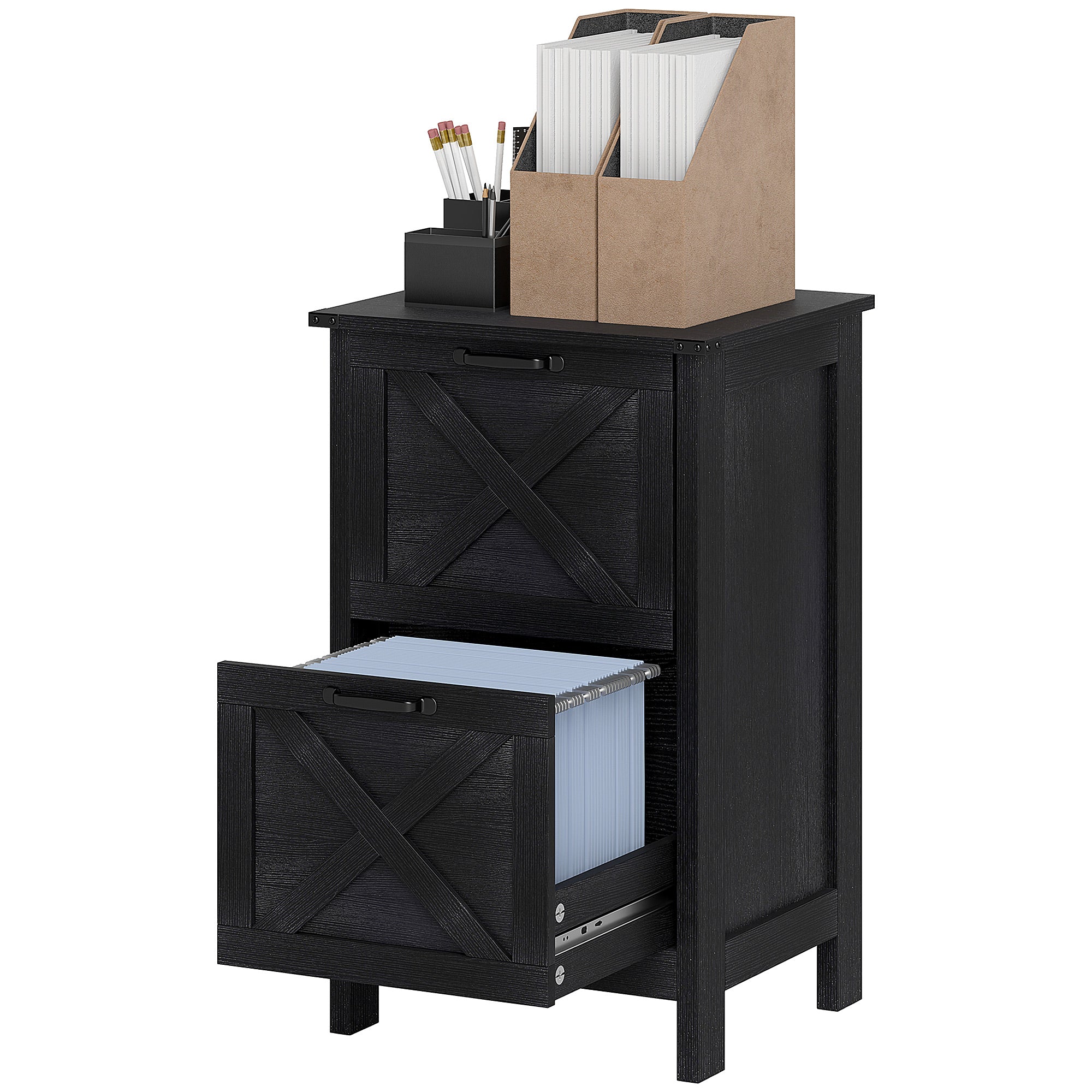 2-Drawer Vertical Filing Cabinet - Distressed Black-Office Products > Office Furniture > Office Cabinets & Cupboards-DECOROLALA