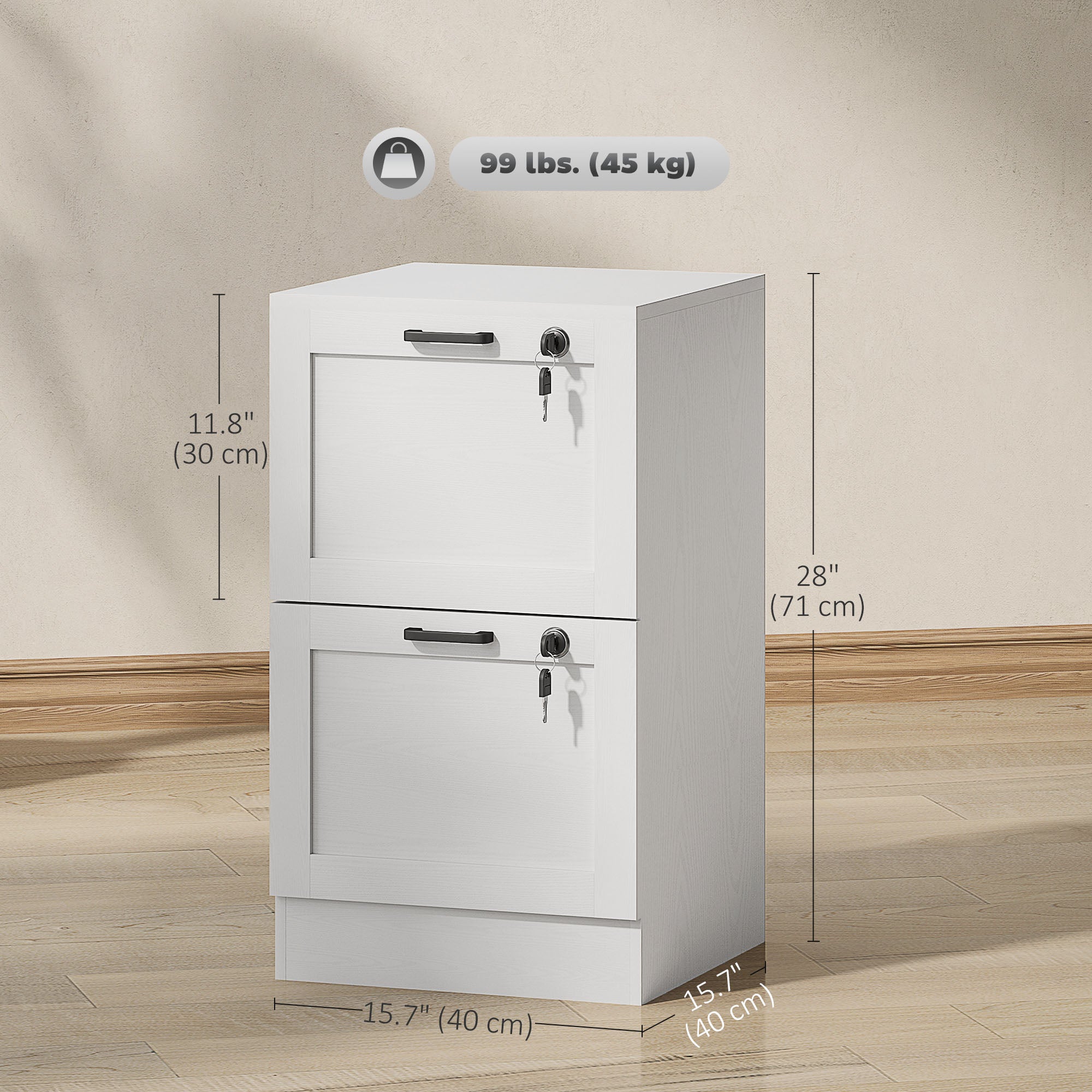2-Drawer Vertical Filing Cabinet with Lock - White Wood Effect-Office Products > Office Furniture > Office Cabinets & Cupboards-DECOROLALA