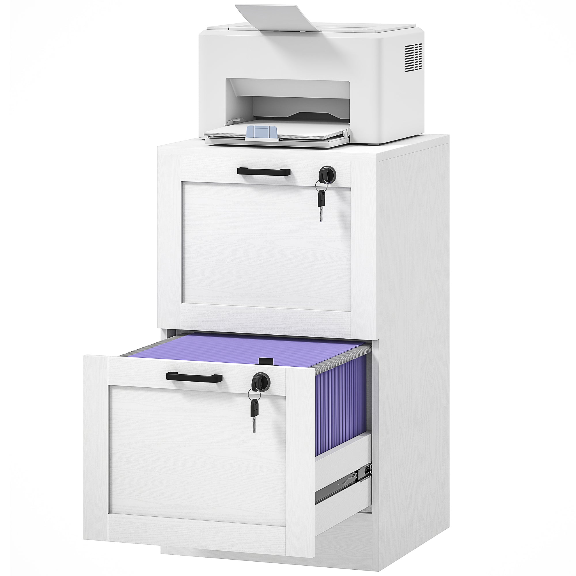 2-Drawer Vertical Filing Cabinet with Lock - White Wood Effect-Office Products > Office Furniture > Office Cabinets & Cupboards-DECOROLALA